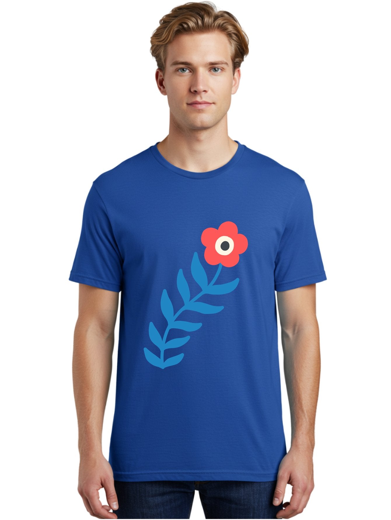 Evil-Eye-Flower Men'S Graphic Tee, 100% Cotton, Comfortable Casual Summer Wear, Machine Washable, Red Flower With White And Black Center, Blue Leaves, Abstract Floral Design, Modern Art, Stylized Bloom, Simple Shapes, Minimalist Illustration Aab697 25