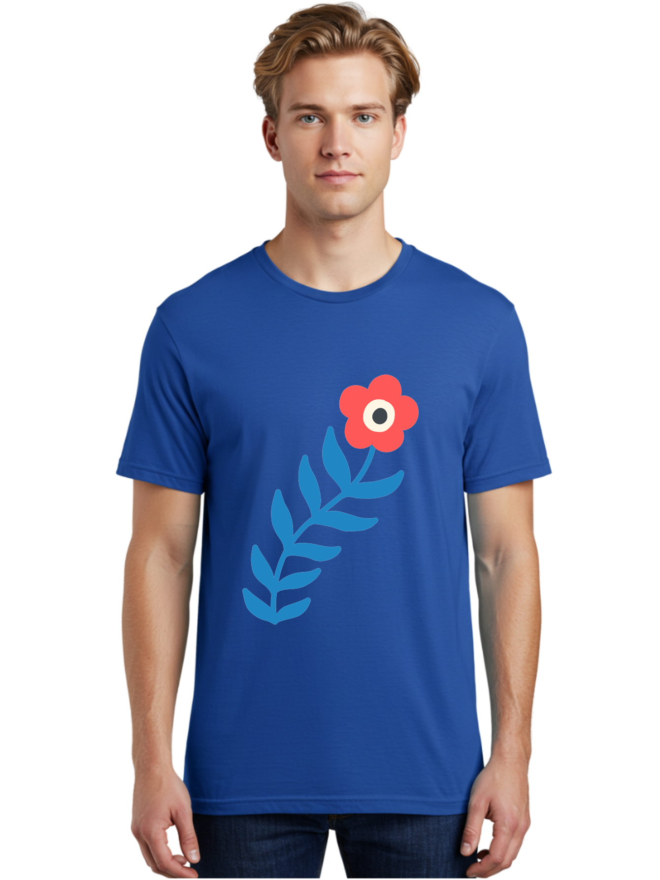 Evil-Eye-Flower Men'S Graphic Tee, 100% Cotton, Comfortable Casual Summer Wear, Machine Washable, Red Flower With White And Black Center, Blue Leaves, Abstract Floral Design, Modern Art, Stylized Bloom, Simple Shapes, Minimalist Illustration Aab697 12