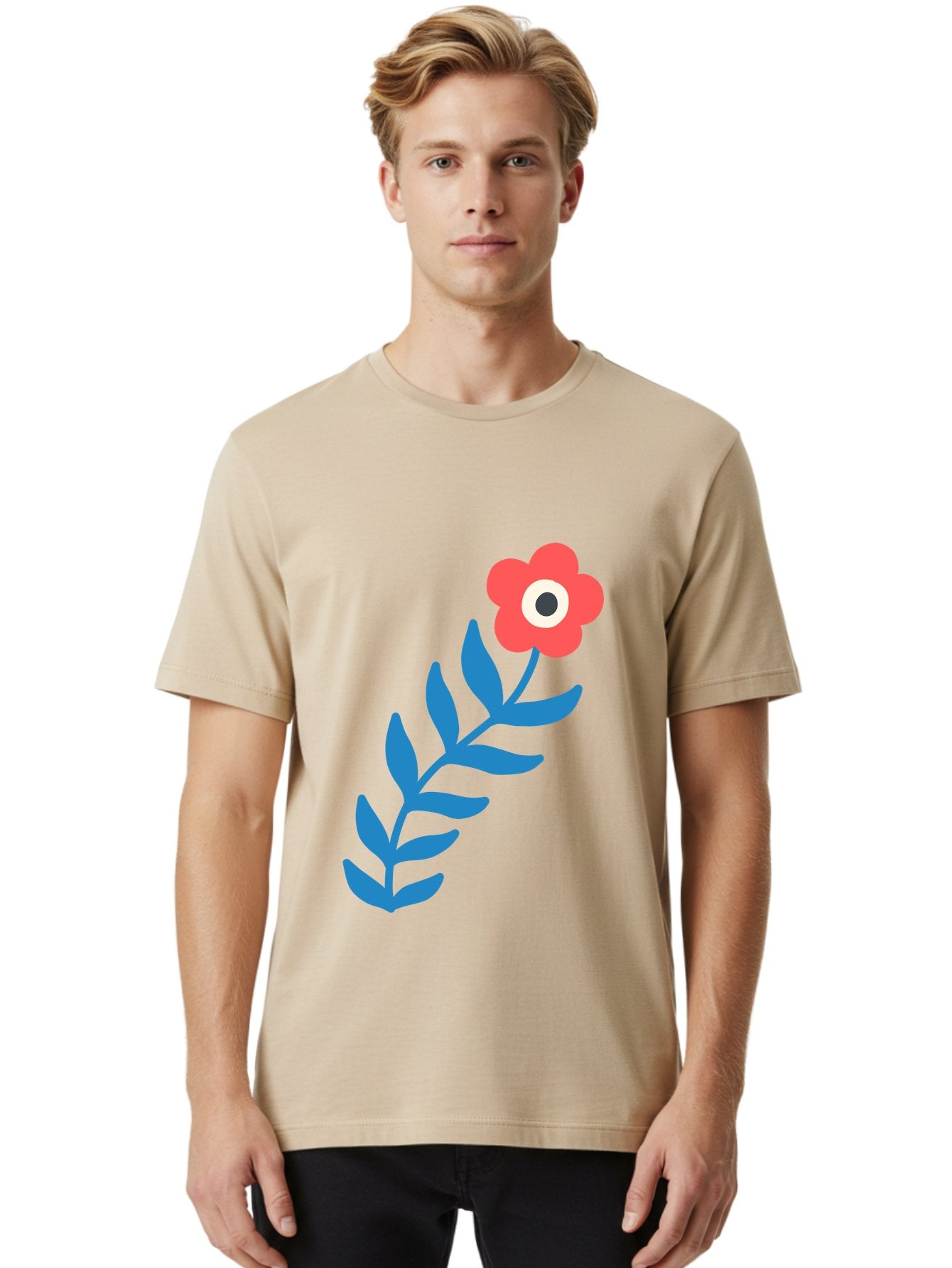 Evil-Eye-Flower Men'S Graphic Tee, 100% Cotton, Comfortable Casual Summer Wear, Machine Washable, Red Flower With White And Black Center, Blue Leaves, Abstract Floral Design, Modern Art, Stylized Bloom, Simple Shapes, Minimalist Illustration Aab697 16