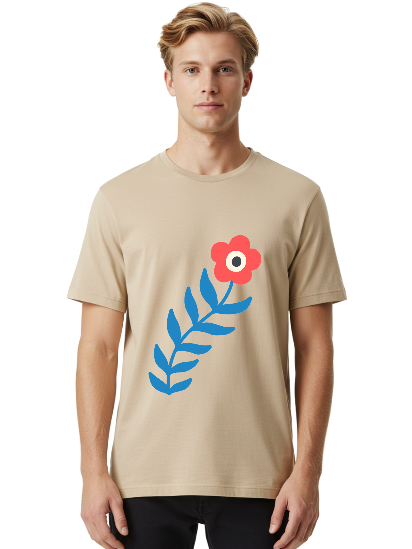 Evil-Eye-Flower Men'S Graphic Tee, 100% Cotton, Comfortable Casual Summer Wear, Machine Washable, Red Flower With White And Black Center, Blue Leaves, Abstract Floral Design, Modern Art, Stylized Bloom, Simple Shapes, Minimalist Illustration Aab697 26