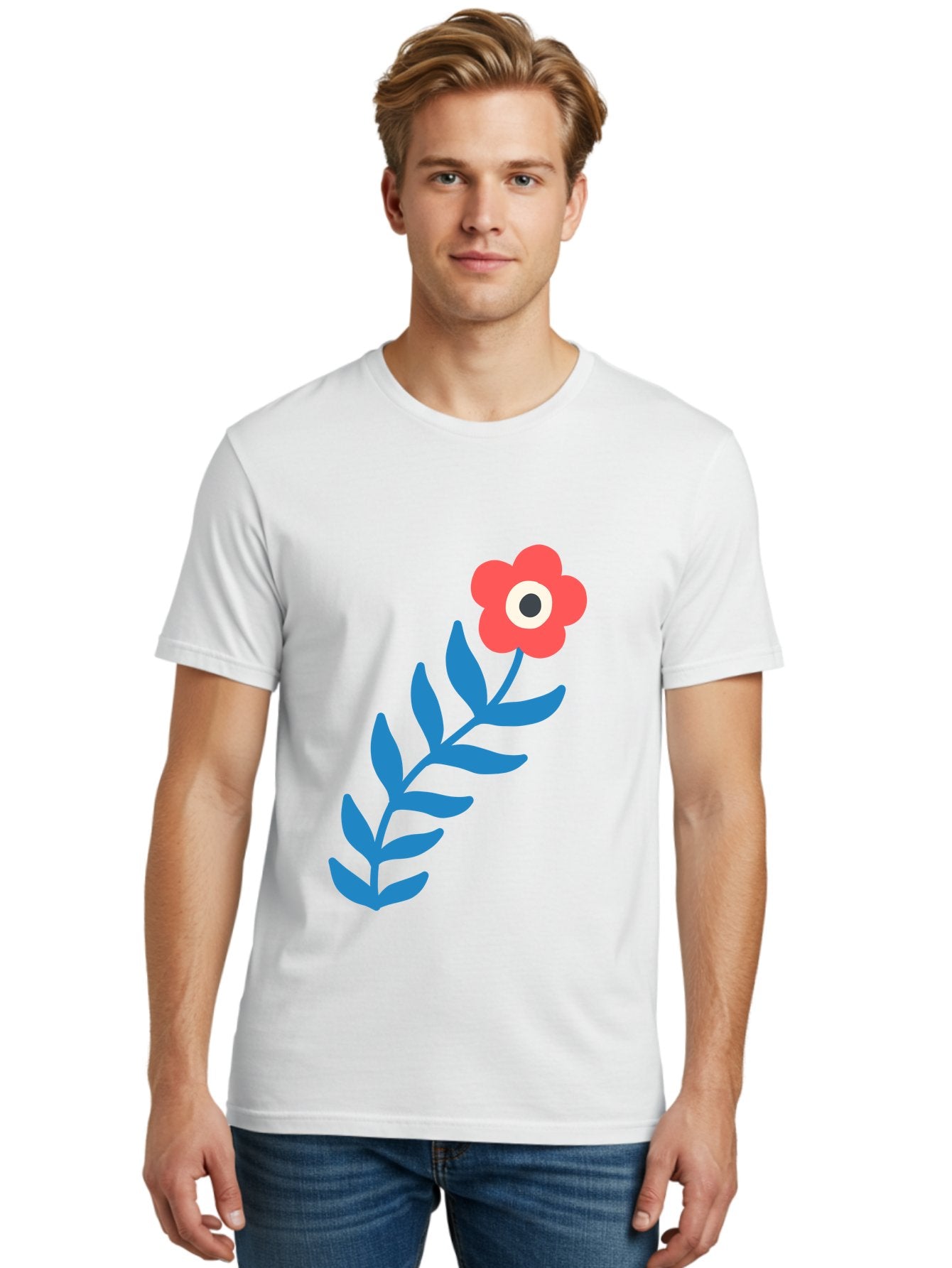 Evil-Eye-Flower Men'S Graphic Tee, 100% Cotton, Comfortable Casual Summer Wear, Machine Washable, Red Flower With White And Black Center, Blue Leaves, Abstract Floral Design, Modern Art, Stylized Bloom, Simple Shapes, Minimalist Illustration Aab697 30