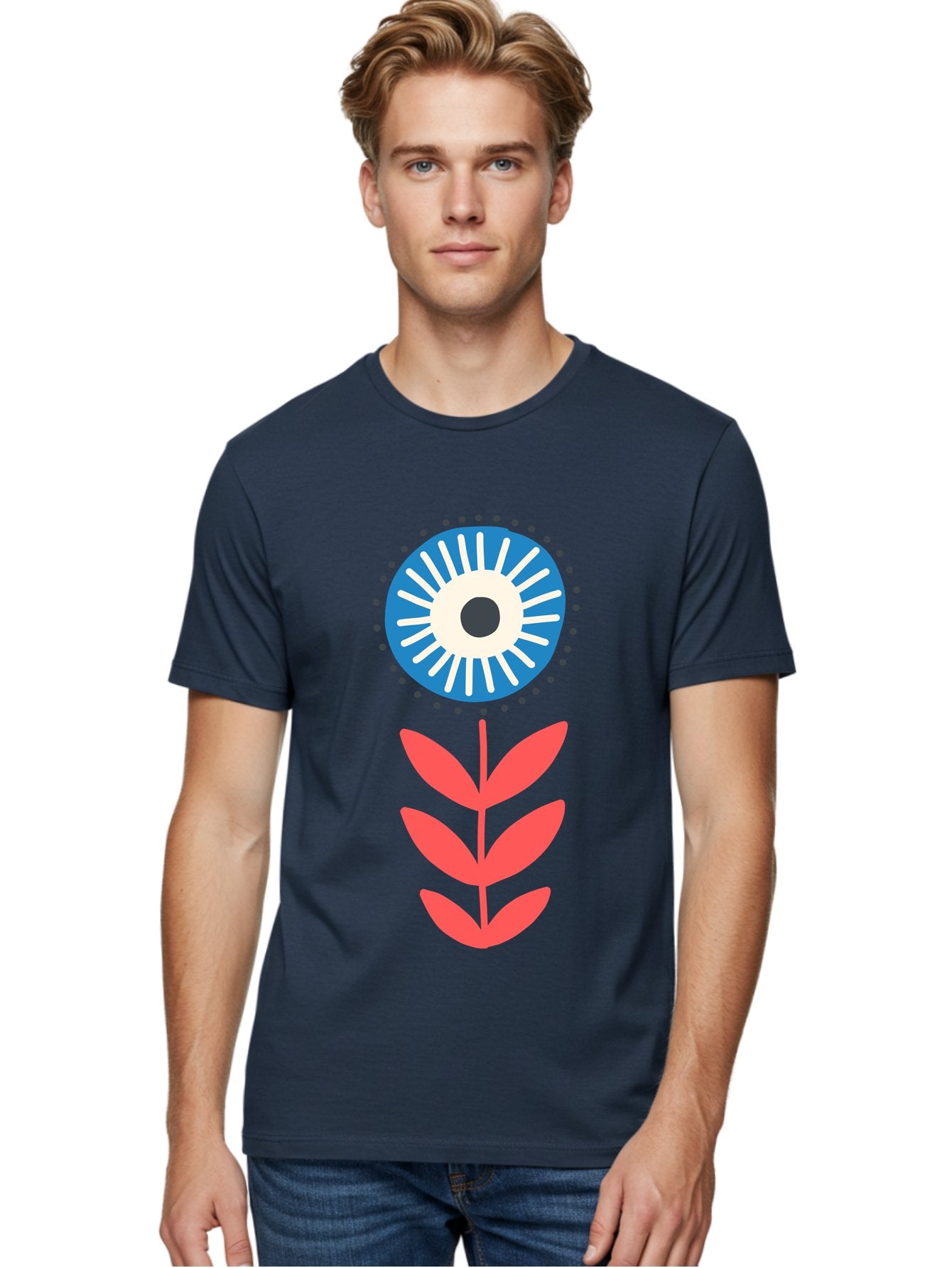 Eye-Flower-1 Men'S Graphic Tee, 100% Cotton, Comfortable Casual Summer Wear, Machine Washable, Evil Eye Symbol, Blue And White Eye, Protection Charm, Floral Design, Red Leaves, Abstract Art, Mystical Motif, Symbolic Artwork Aab698 28