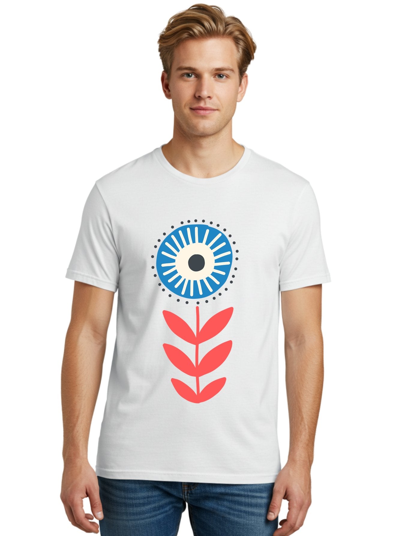 Eye-Flower-1 Men'S Graphic Tee, 100% Cotton, Comfortable Casual Summer Wear, Machine Washable, Evil Eye Symbol, Blue And White Eye, Protection Charm, Floral Design, Red Leaves, Abstract Art, Mystical Motif, Symbolic Artwork Aab698 18