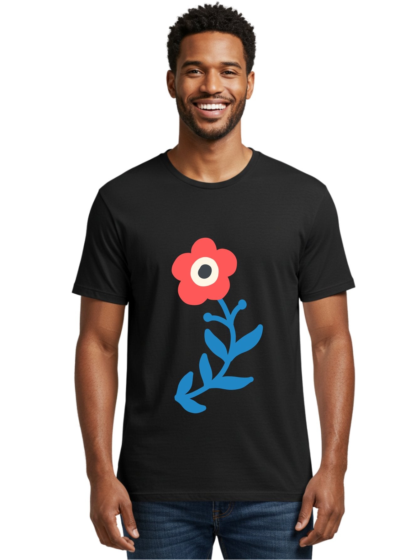 Eye-Flower Men'S Graphic Tee, 100% Cotton, Comfortable Casual Summer Wear, Machine Washable, Cartoon Flower, Floral Design, Red Bloom, Blue Leaves, Eye In Flower, Quirky Art, Illustration, Pop Art, Modern Art, Abstract Art, Red Petals, Aab699 27