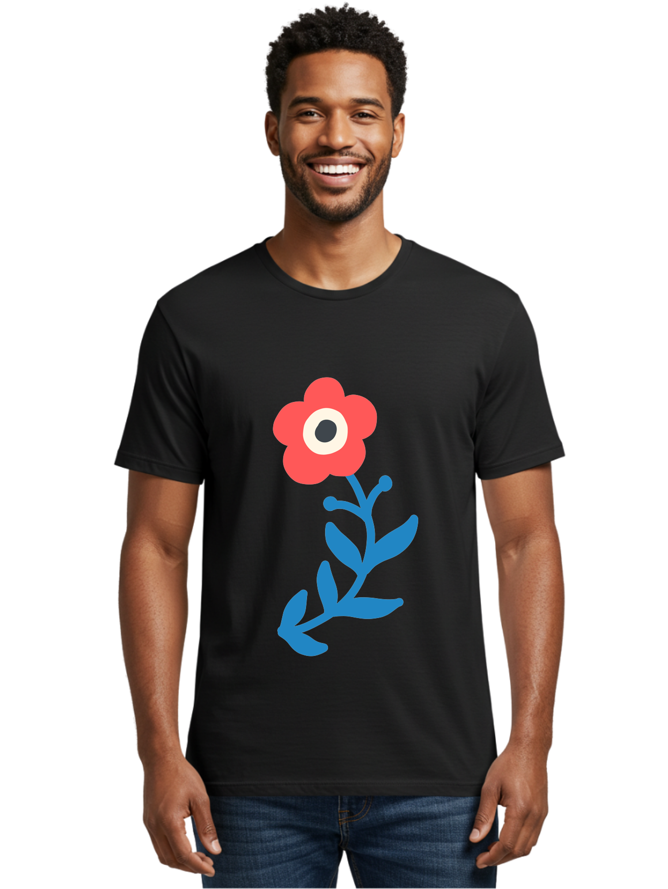 Eye-Flower Men'S Graphic Tee, 100% Cotton, Comfortable Casual Summer Wear, Machine Washable, Cartoon Flower, Floral Design, Red Bloom, Blue Leaves, Eye In Flower, Quirky Art, Illustration, Pop Art, Modern Art, Abstract Art, Red Petals, Aab699 8