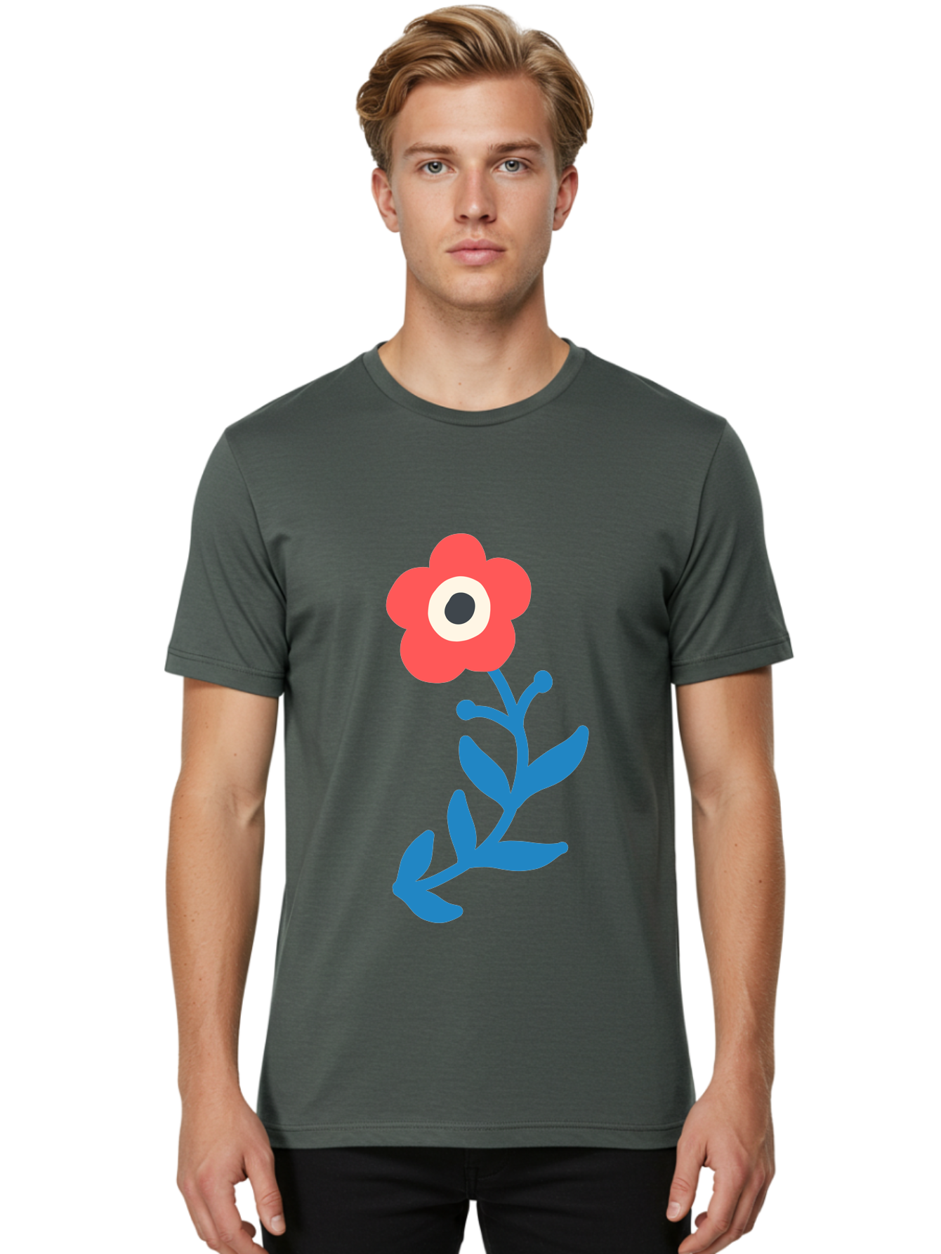 Eye-Flower Men'S Graphic Tee, 100% Cotton, Comfortable Casual Summer Wear, Machine Washable, Cartoon Flower, Floral Design, Red Bloom, Blue Leaves, Eye In Flower, Quirky Art, Illustration, Pop Art, Modern Art, Abstract Art, Red Petals, Aab699 16