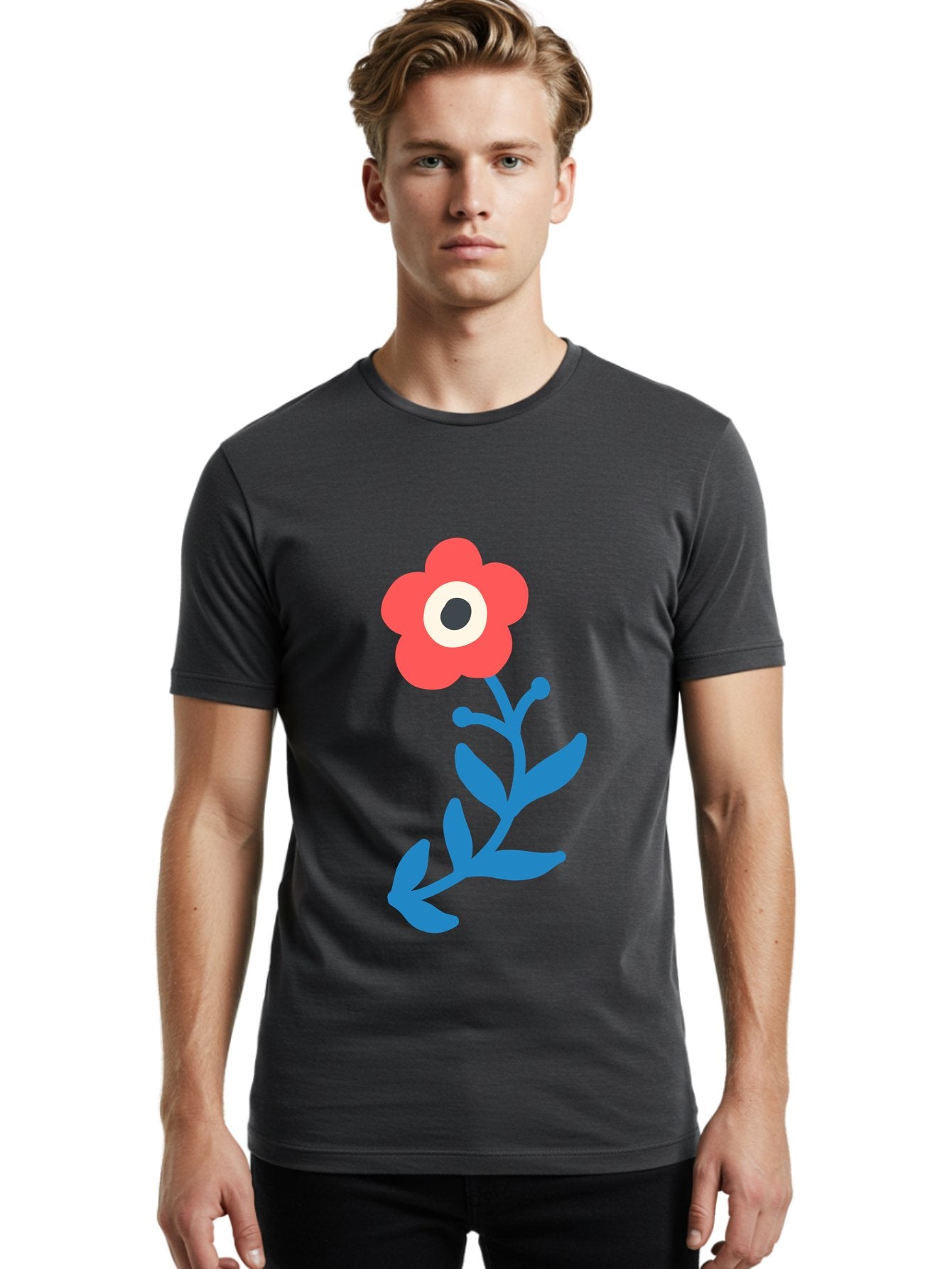 Eye-Flower Men'S Graphic Tee, 100% Cotton, Comfortable Casual Summer Wear, Machine Washable, Cartoon Flower, Floral Design, Red Bloom, Blue Leaves, Eye In Flower, Quirky Art, Illustration, Pop Art, Modern Art, Abstract Art, Red Petals, Aab699 25