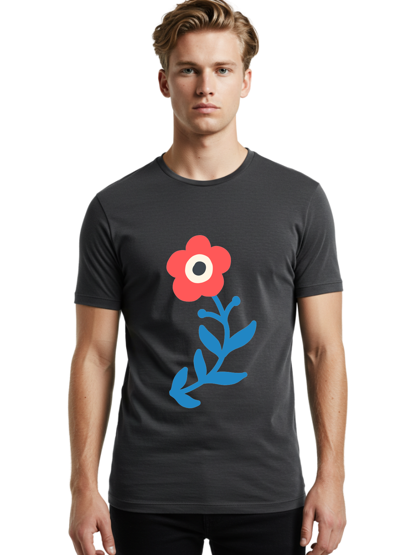 Eye-Flower Men'S Graphic Tee, 100% Cotton, Comfortable Casual Summer Wear, Machine Washable, Cartoon Flower, Floral Design, Red Bloom, Blue Leaves, Eye In Flower, Quirky Art, Illustration, Pop Art, Modern Art, Abstract Art, Red Petals, Aab699 12