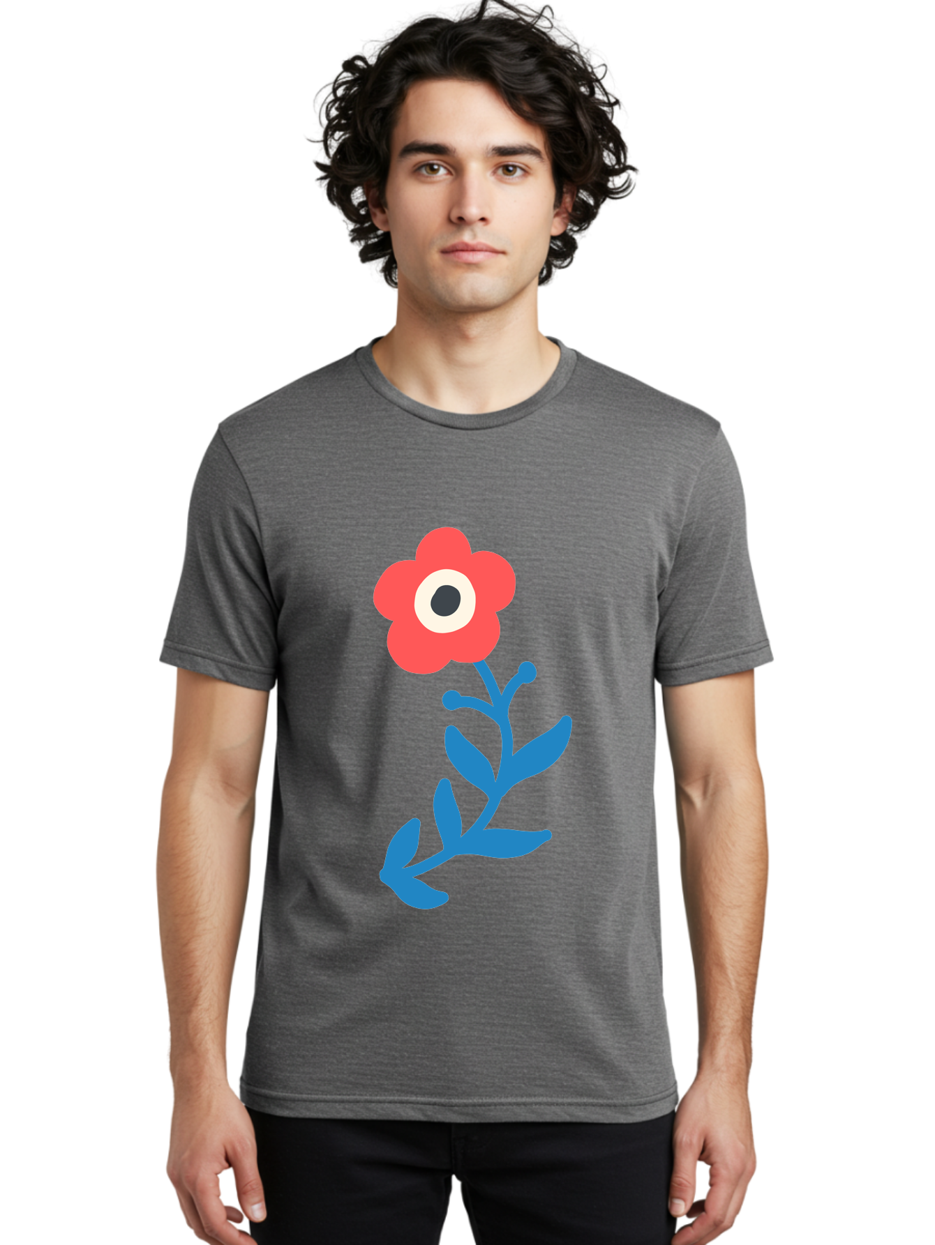 Eye-Flower Men'S Graphic Tee, 100% Cotton, Comfortable Casual Summer Wear, Machine Washable, Cartoon Flower, Floral Design, Red Bloom, Blue Leaves, Eye In Flower, Quirky Art, Illustration, Pop Art, Modern Art, Abstract Art, Red Petals, Aab699 24
