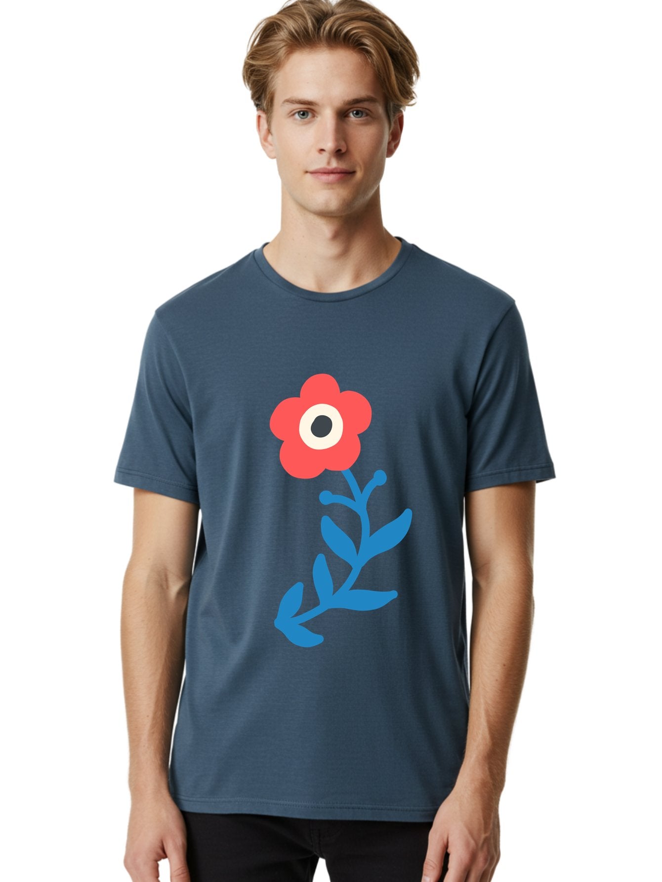 Eye-Flower Men'S Graphic Tee, 100% Cotton, Comfortable Casual Summer Wear, Machine Washable, Cartoon Flower, Floral Design, Red Bloom, Blue Leaves, Eye In Flower, Quirky Art, Illustration, Pop Art, Modern Art, Abstract Art, Red Petals, Aab699 22