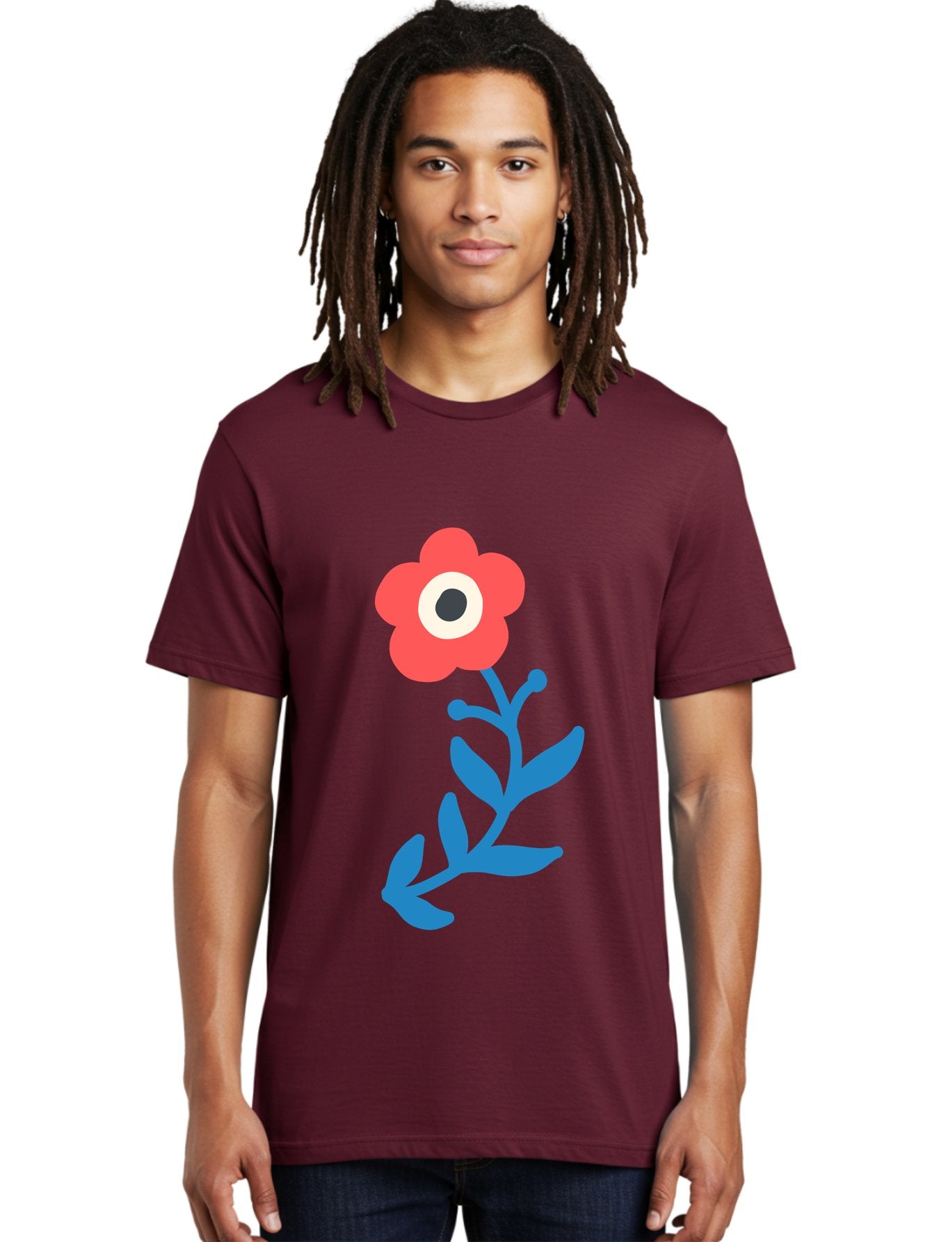 Eye-Flower Men'S Graphic Tee, 100% Cotton, Comfortable Casual Summer Wear, Machine Washable, Cartoon Flower, Floral Design, Red Bloom, Blue Leaves, Eye In Flower, Quirky Art, Illustration, Pop Art, Modern Art, Abstract Art, Red Petals, Aab699 19