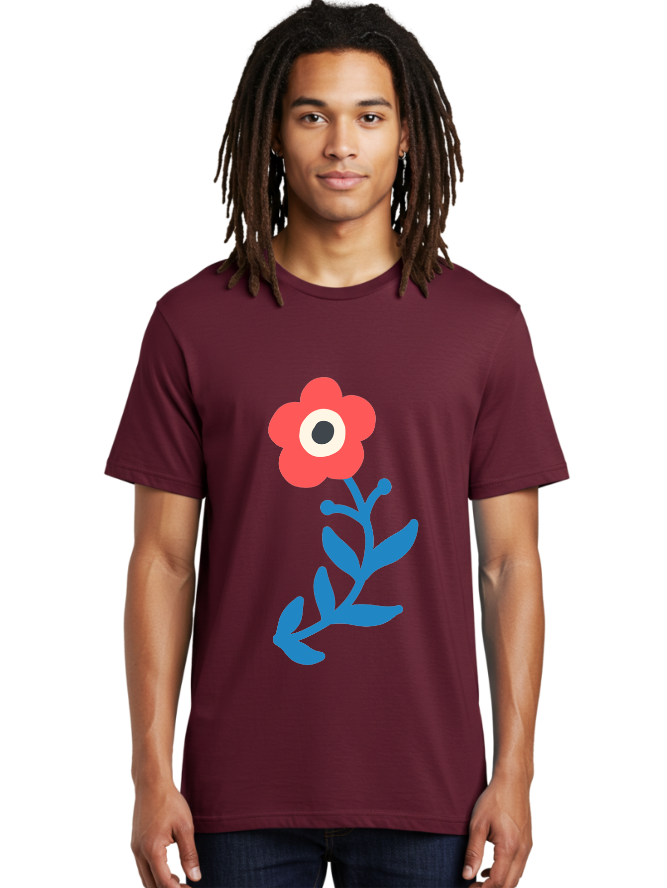 Eye-Flower Men'S Graphic Tee, 100% Cotton, Comfortable Casual Summer Wear, Machine Washable, Cartoon Flower, Floral Design, Red Bloom, Blue Leaves, Eye In Flower, Quirky Art, Illustration, Pop Art, Modern Art, Abstract Art, Red Petals, Aab699 22