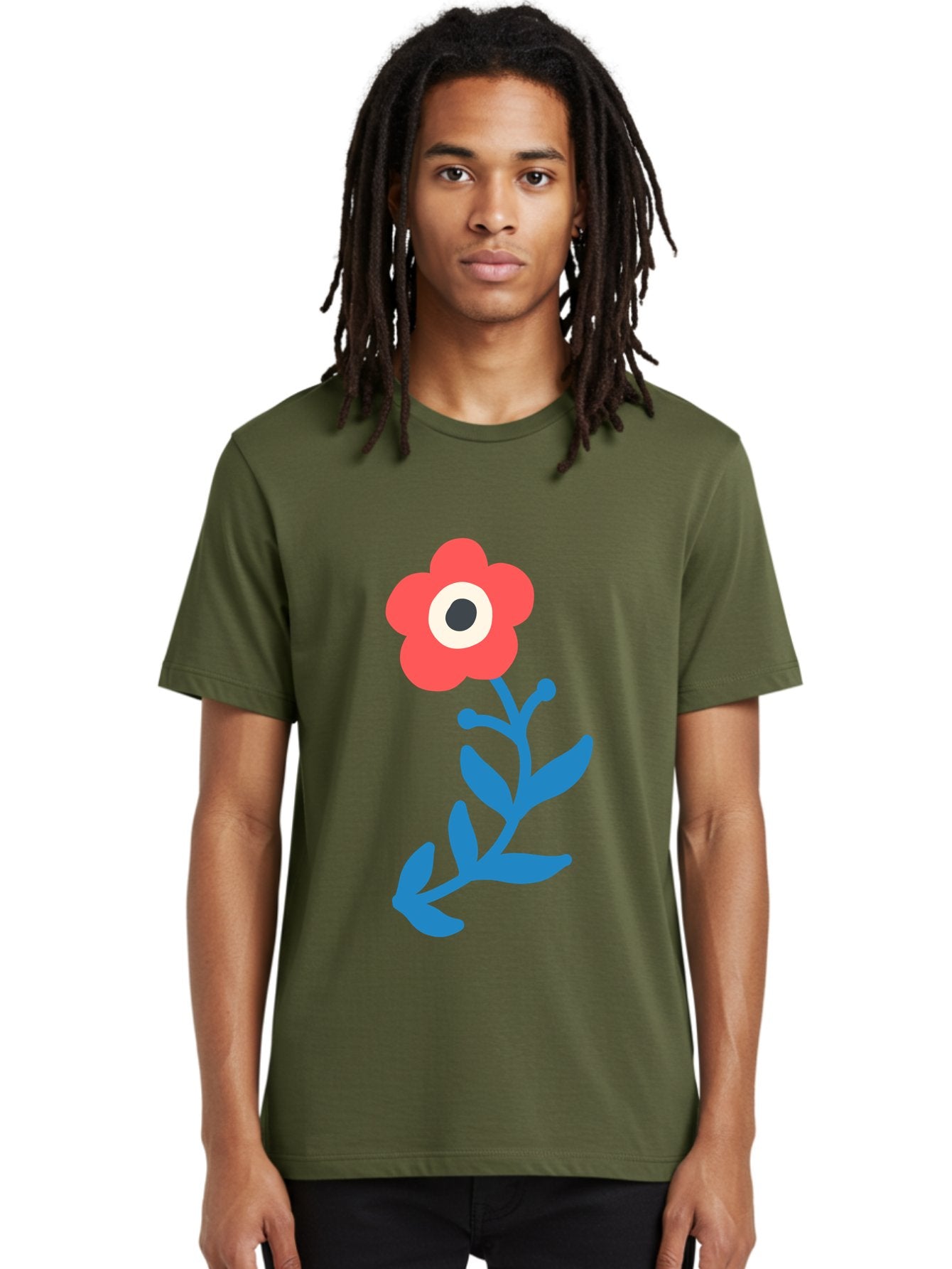 Eye-Flower Men'S Graphic Tee, 100% Cotton, Comfortable Casual Summer Wear, Machine Washable, Cartoon Flower, Floral Design, Red Bloom, Blue Leaves, Eye In Flower, Quirky Art, Illustration, Pop Art, Modern Art, Abstract Art, Red Petals, Aab699 30