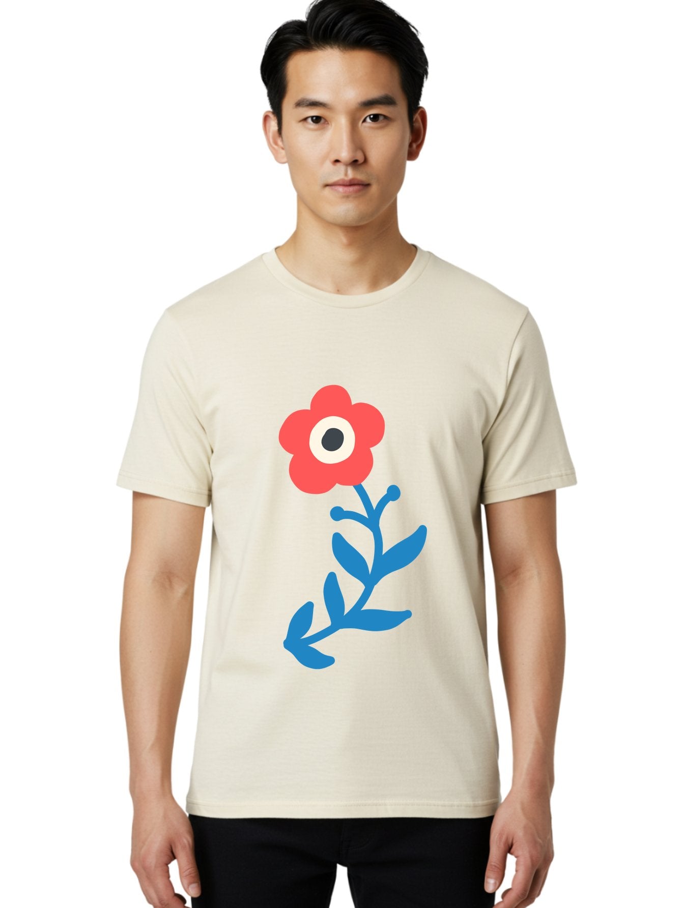 Eye-Flower Men'S Graphic Tee, 100% Cotton, Comfortable Casual Summer Wear, Machine Washable, Cartoon Flower, Floral Design, Red Bloom, Blue Leaves, Eye In Flower, Quirky Art, Illustration, Pop Art, Modern Art, Abstract Art, Red Petals, Aab699 29