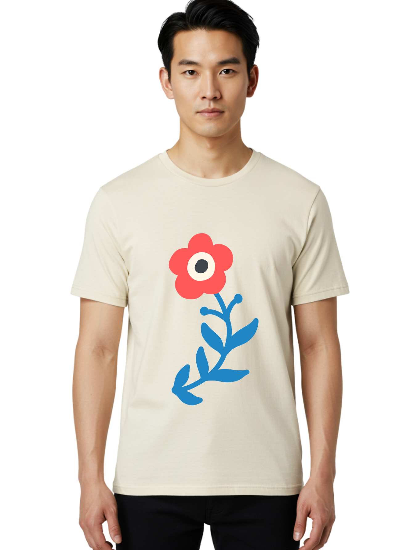 Eye-Flower Men'S Graphic Tee, 100% Cotton, Comfortable Casual Summer Wear, Machine Washable, Cartoon Flower, Floral Design, Red Bloom, Blue Leaves, Eye In Flower, Quirky Art, Illustration, Pop Art, Modern Art, Abstract Art, Red Petals, Aab699 4