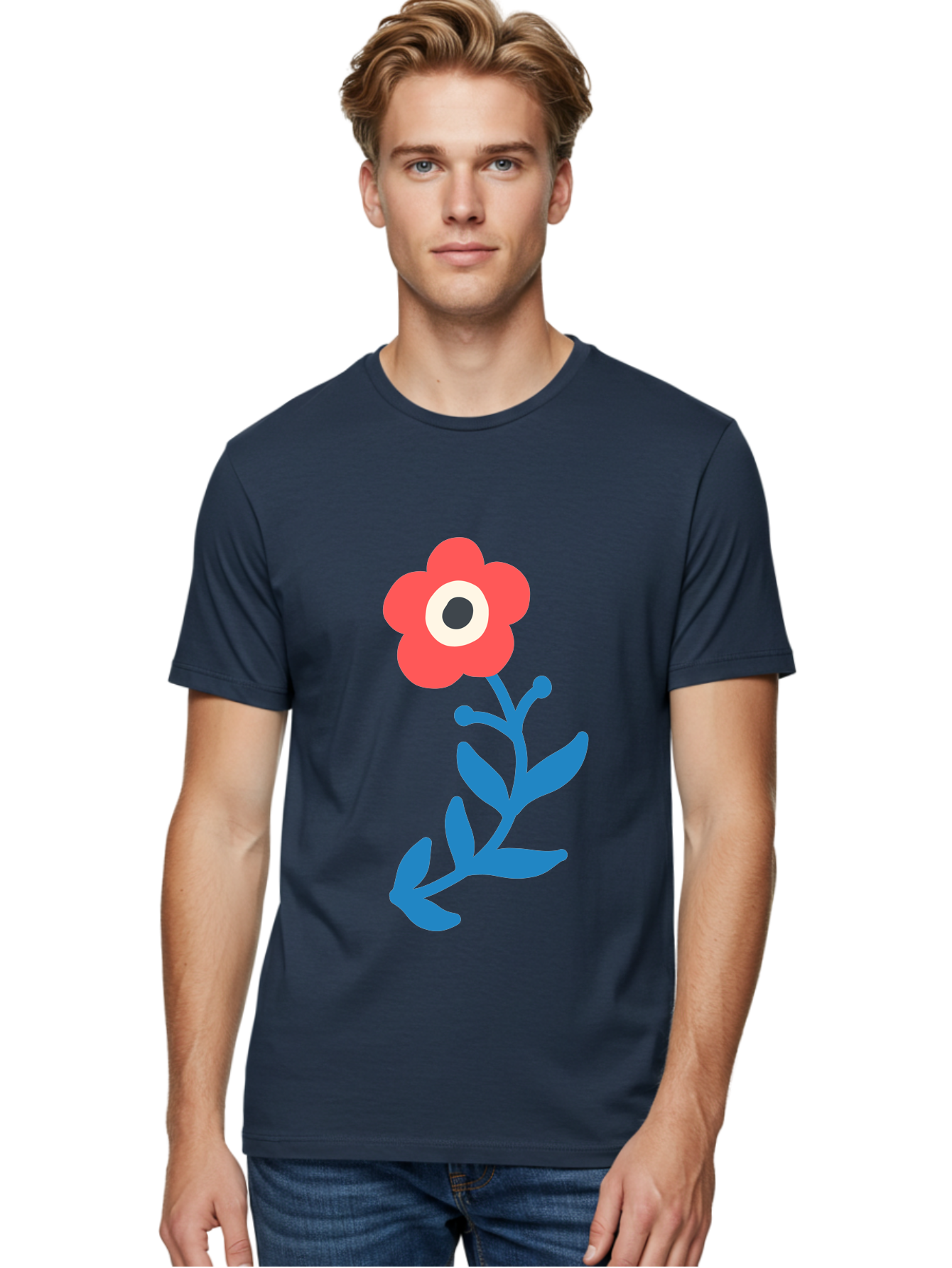 Eye-Flower Men'S Graphic Tee, 100% Cotton, Comfortable Casual Summer Wear, Machine Washable, Cartoon Flower, Floral Design, Red Bloom, Blue Leaves, Eye In Flower, Quirky Art, Illustration, Pop Art, Modern Art, Abstract Art, Red Petals, Aab699 6