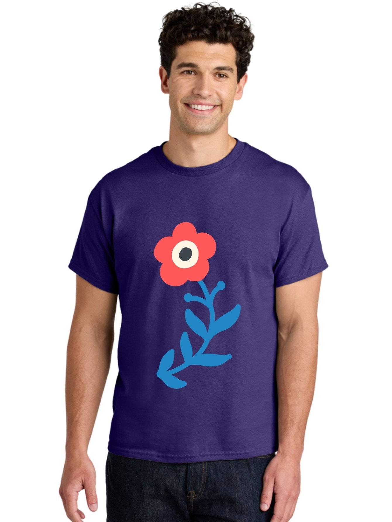 Eye-Flower Men'S Graphic Tee, 100% Cotton, Comfortable Casual Summer Wear, Machine Washable, Cartoon Flower, Floral Design, Red Bloom, Blue Leaves, Eye In Flower, Quirky Art, Illustration, Pop Art, Modern Art, Abstract Art, Red Petals, Aab699 26