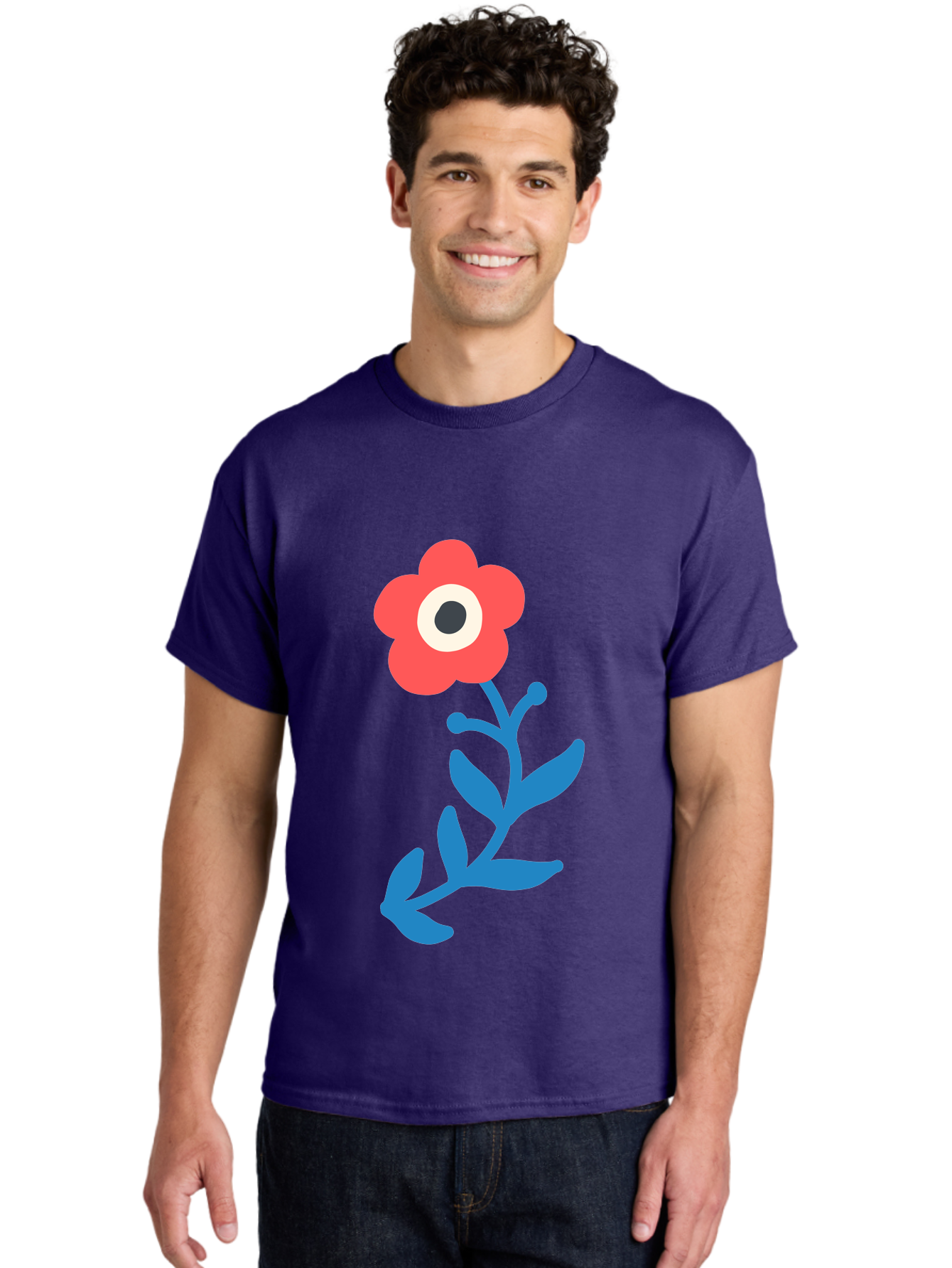 Eye-Flower Men'S Graphic Tee, 100% Cotton, Comfortable Casual Summer Wear, Machine Washable, Cartoon Flower, Floral Design, Red Bloom, Blue Leaves, Eye In Flower, Quirky Art, Illustration, Pop Art, Modern Art, Abstract Art, Red Petals, Aab699 10