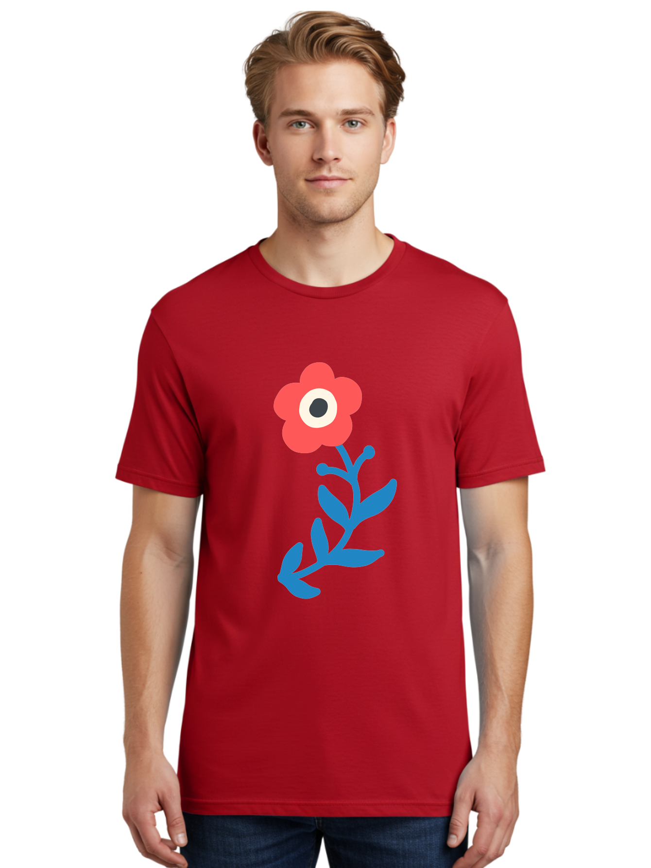 Eye-Flower Men'S Graphic Tee, 100% Cotton, Comfortable Casual Summer Wear, Machine Washable, Cartoon Flower, Floral Design, Red Bloom, Blue Leaves, Eye In Flower, Quirky Art, Illustration, Pop Art, Modern Art, Abstract Art, Red Petals, Aab699 28