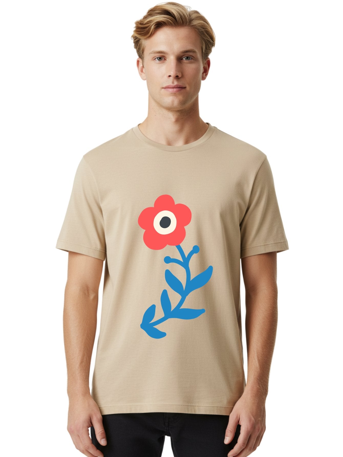Eye-Flower Men'S Graphic Tee, 100% Cotton, Comfortable Casual Summer Wear, Machine Washable, Cartoon Flower, Floral Design, Red Bloom, Blue Leaves, Eye In Flower, Quirky Art, Illustration, Pop Art, Modern Art, Abstract Art, Red Petals, Aab699 21