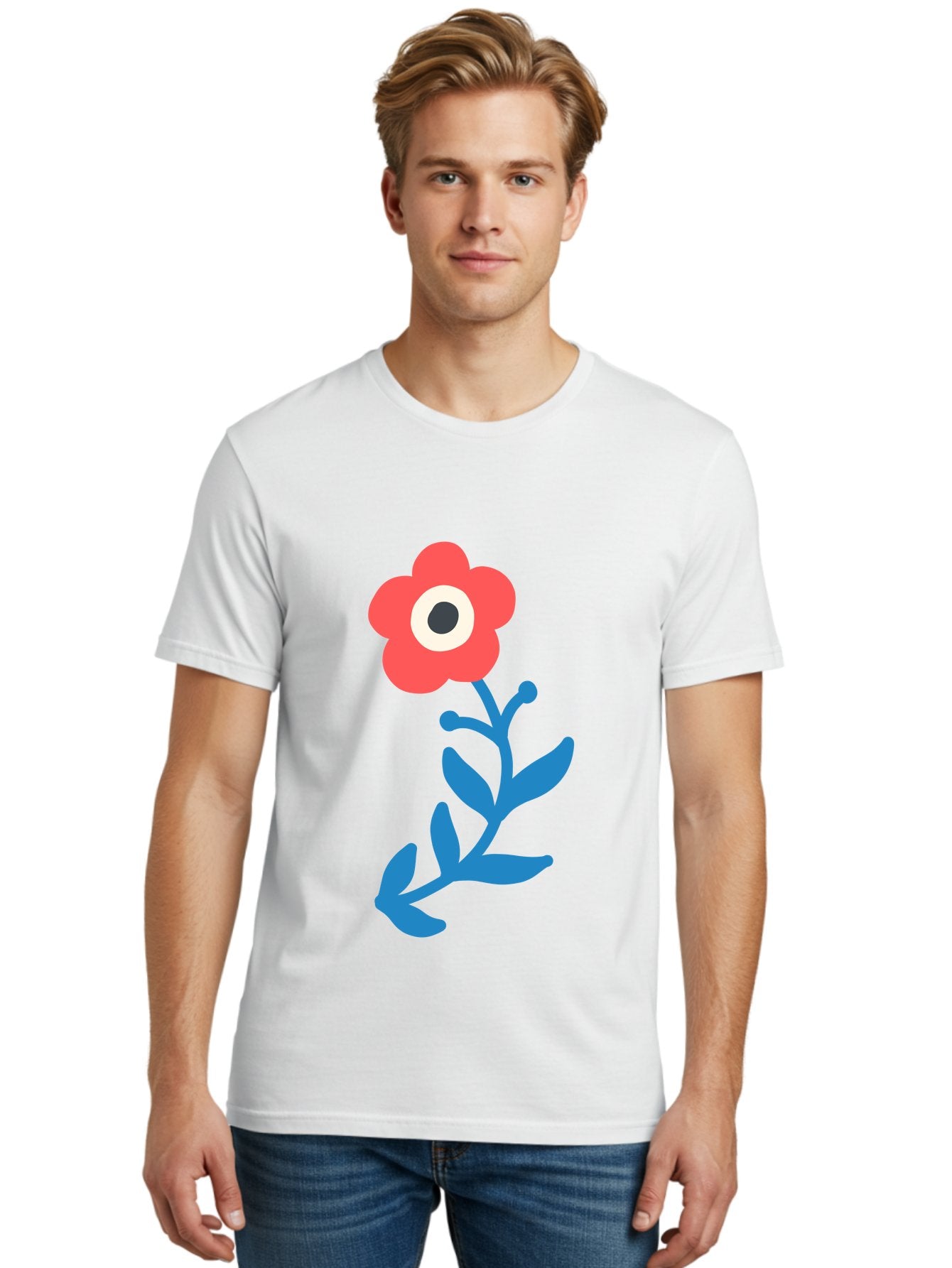 Eye-Flower Men'S Graphic Tee, 100% Cotton, Comfortable Casual Summer Wear, Machine Washable, Cartoon Flower, Floral Design, Red Bloom, Blue Leaves, Eye In Flower, Quirky Art, Illustration, Pop Art, Modern Art, Abstract Art, Red Petals, Aab699 16