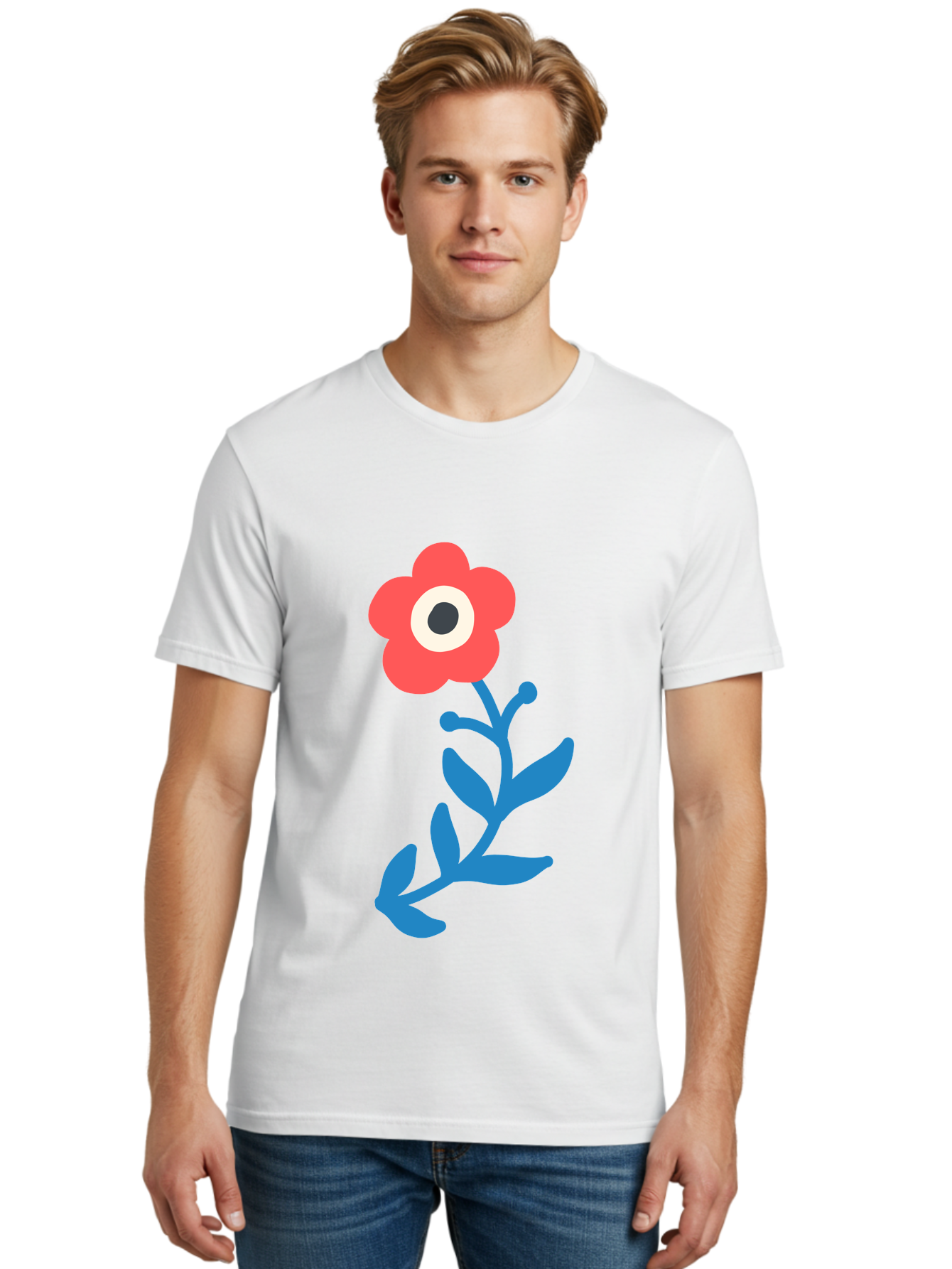 Eye-Flower Men'S Graphic Tee, 100% Cotton, Comfortable Casual Summer Wear, Machine Washable, Cartoon Flower, Floral Design, Red Bloom, Blue Leaves, Eye In Flower, Quirky Art, Illustration, Pop Art, Modern Art, Abstract Art, Red Petals, Aab699 26