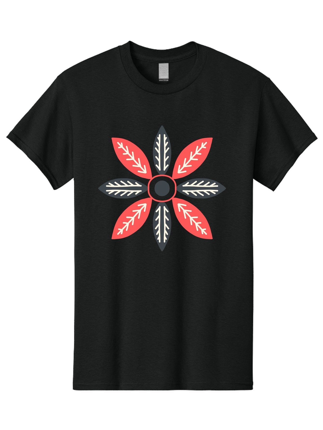 Floral-Emblem Men'S Graphic Tee, 100% Cotton, Comfortable Casual Summer Wear, Machine Washable, Symmetrical Floral Design, Red And Black Petals, White Leaf Details, Circular Pattern, Abstract Flower, Geometric Shapes, Graphic Illustration, Aab701 14