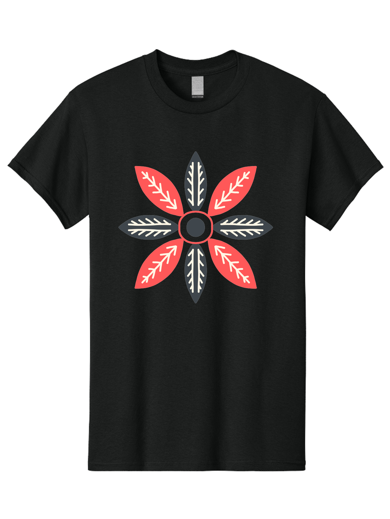 Floral-Emblem Men'S Graphic Tee, 100% Cotton, Comfortable Casual Summer Wear, Machine Washable, Symmetrical Floral Design, Red And Black Petals, White Leaf Details, Circular Pattern, Abstract Flower, Geometric Shapes, Graphic Illustration, Aab701 3