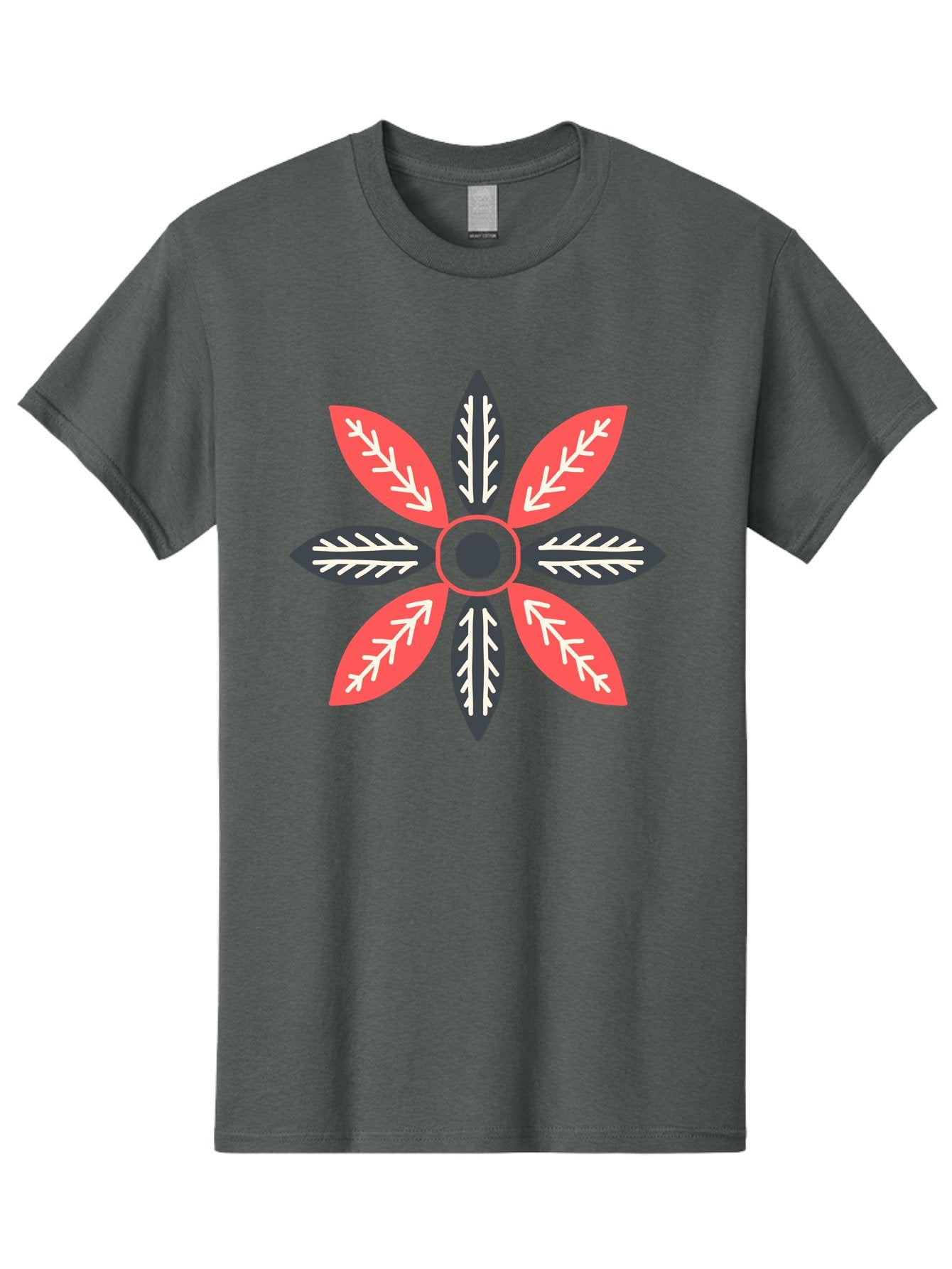 Floral-Emblem Men'S Graphic Tee, 100% Cotton, Comfortable Casual Summer Wear, Machine Washable, Symmetrical Floral Design, Red And Black Petals, White Leaf Details, Circular Pattern, Abstract Flower, Geometric Shapes, Graphic Illustration, Aab701