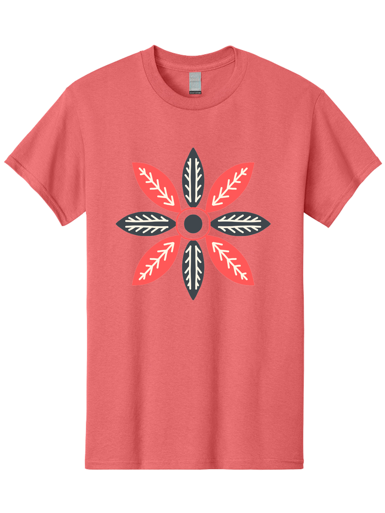 Floral-Emblem Men'S Graphic Tee, 100% Cotton, Comfortable Casual Summer Wear, Machine Washable, Symmetrical Floral Design, Red And Black Petals, White Leaf Details, Circular Pattern, Abstract Flower, Geometric Shapes, Graphic Illustration, Aab701 15