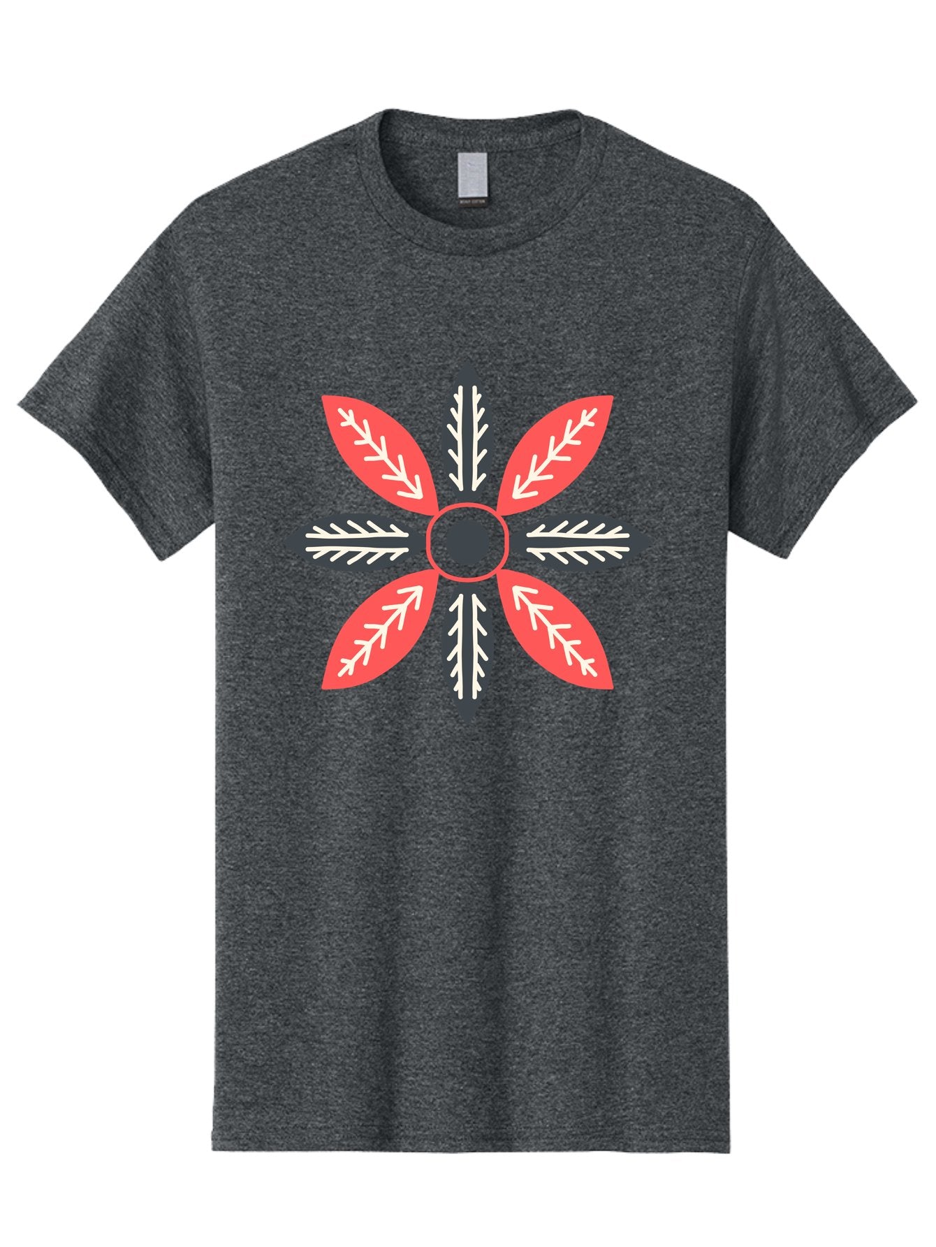 Floral-Emblem Men'S Graphic Tee, 100% Cotton, Comfortable Casual Summer Wear, Machine Washable, Symmetrical Floral Design, Red And Black Petals, White Leaf Details, Circular Pattern, Abstract Flower, Geometric Shapes, Graphic Illustration, Aab701