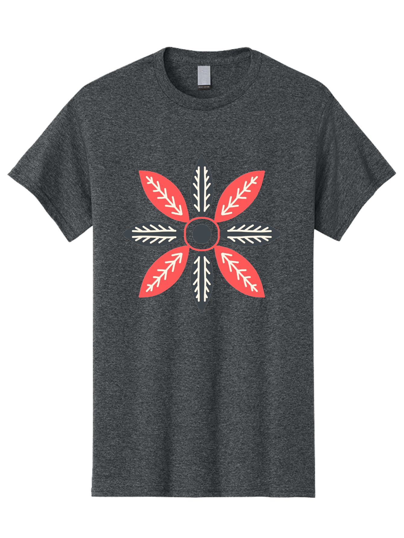 Floral-Emblem Men'S Graphic Tee, 100% Cotton, Comfortable Casual Summer Wear, Machine Washable, Symmetrical Floral Design, Red And Black Petals, White Leaf Details, Circular Pattern, Abstract Flower, Geometric Shapes, Graphic Illustration, Aab701 19