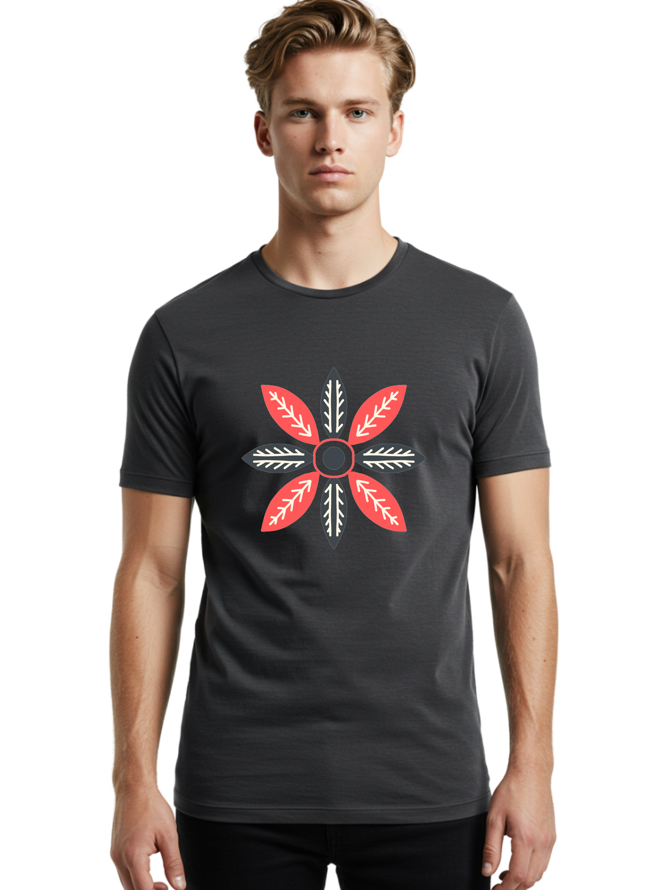 Floral-Emblem Men'S Graphic Tee, 100% Cotton, Comfortable Casual Summer Wear, Machine Washable, Symmetrical Floral Design, Red And Black Petals, White Leaf Details, Circular Pattern, Abstract Flower, Geometric Shapes, Graphic Illustration, Aab701 20
