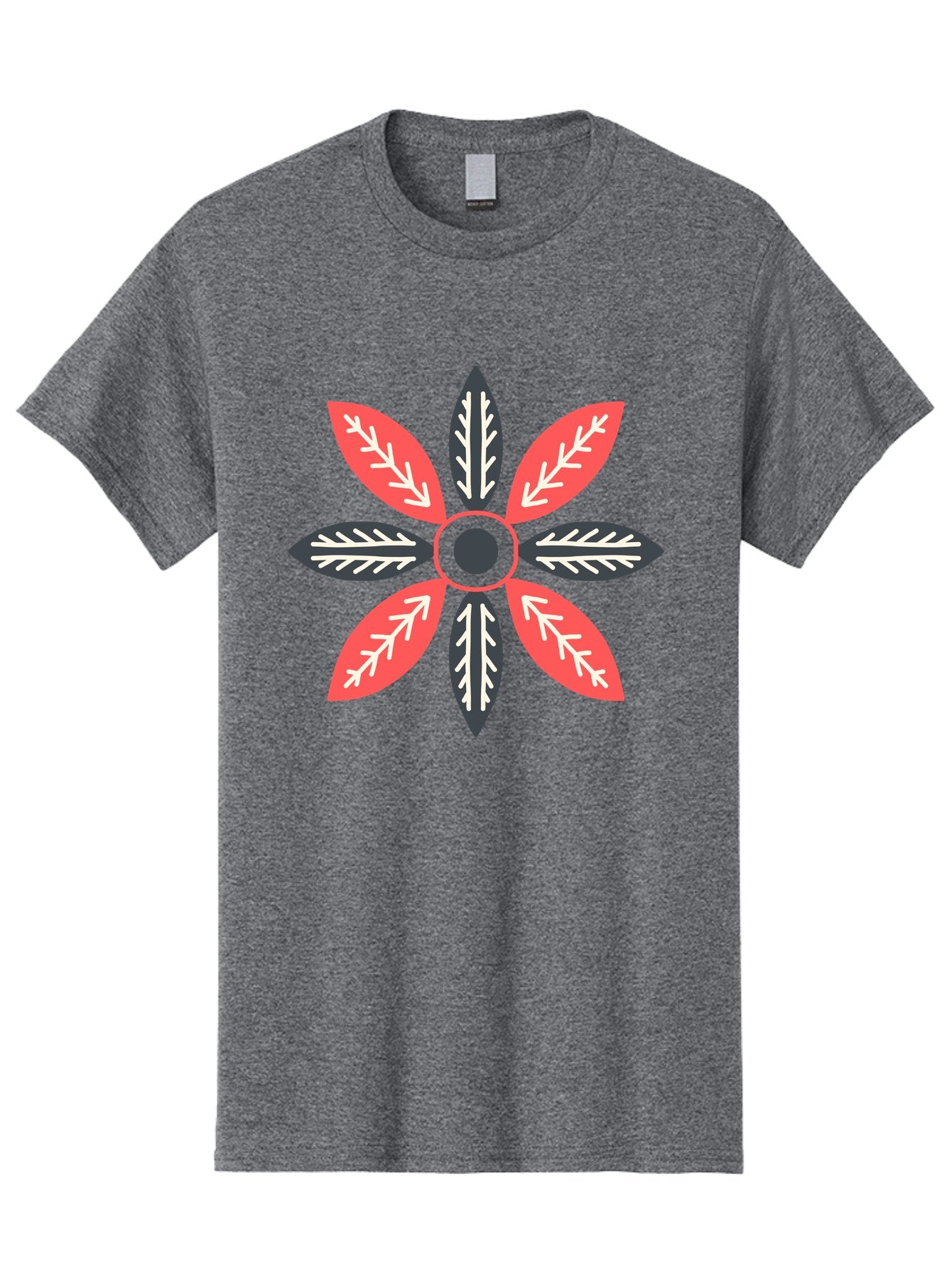 Floral-Emblem Men'S Graphic Tee, 100% Cotton, Comfortable Casual Summer Wear, Machine Washable, Symmetrical Floral Design, Red And Black Petals, White Leaf Details, Circular Pattern, Abstract Flower, Geometric Shapes, Graphic Illustration, Aab701 3