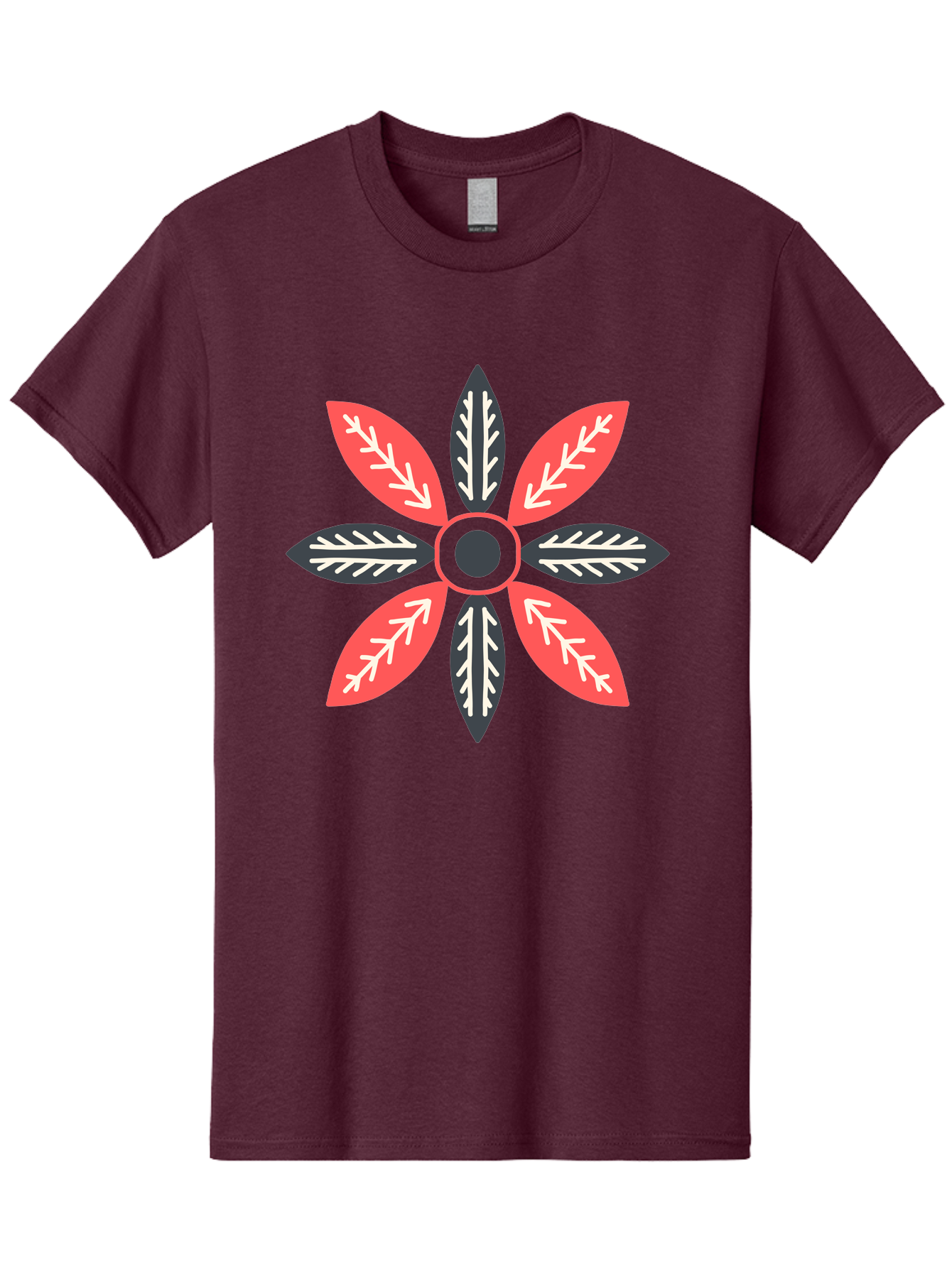 Floral-Emblem Men'S Graphic Tee, 100% Cotton, Comfortable Casual Summer Wear, Machine Washable, Symmetrical Floral Design, Red And Black Petals, White Leaf Details, Circular Pattern, Abstract Flower, Geometric Shapes, Graphic Illustration, Aab701 25
