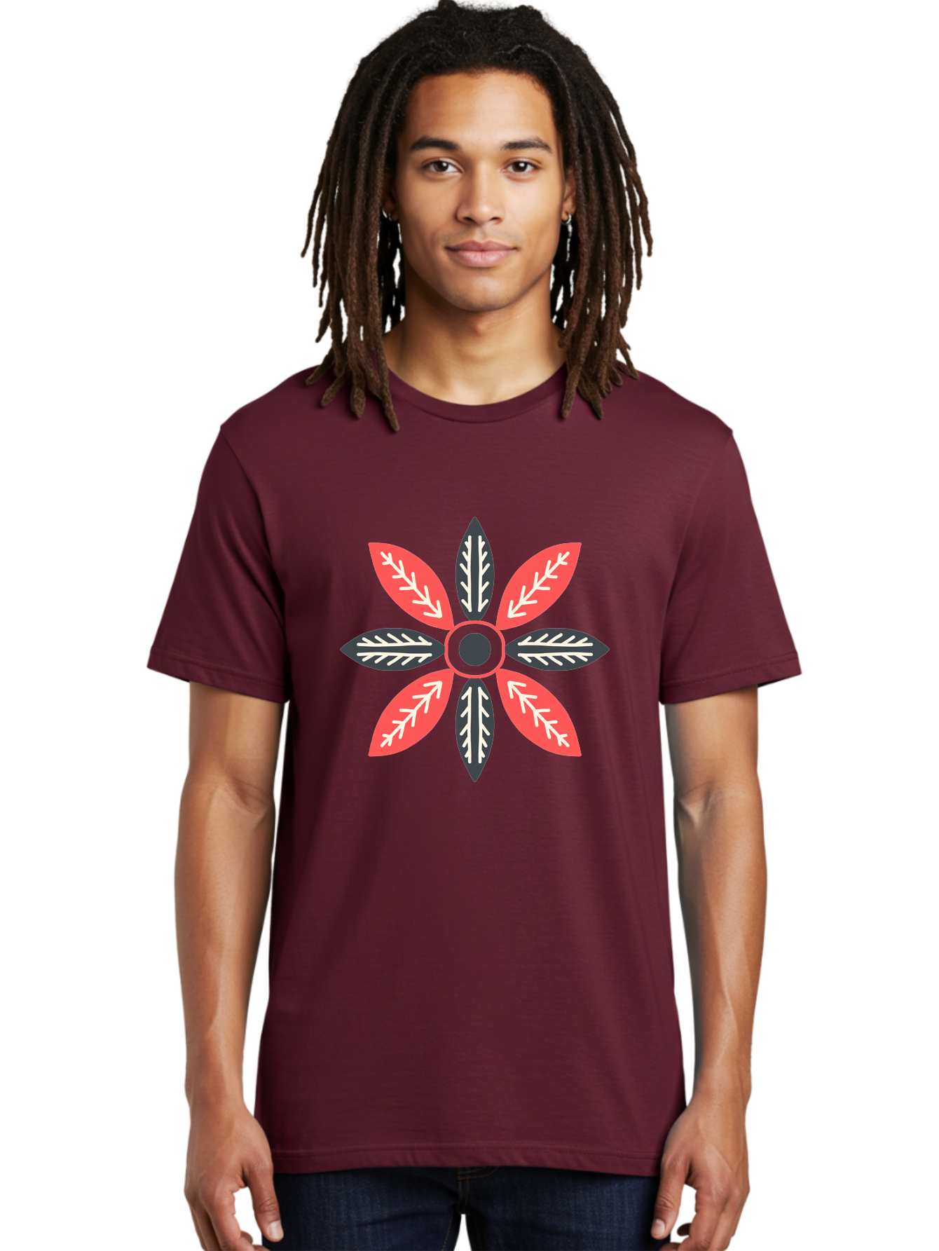 Floral-Emblem Men'S Graphic Tee, 100% Cotton, Comfortable Casual Summer Wear, Machine Washable, Symmetrical Floral Design, Red And Black Petals, White Leaf Details, Circular Pattern, Abstract Flower, Geometric Shapes, Graphic Illustration, Aab701 26