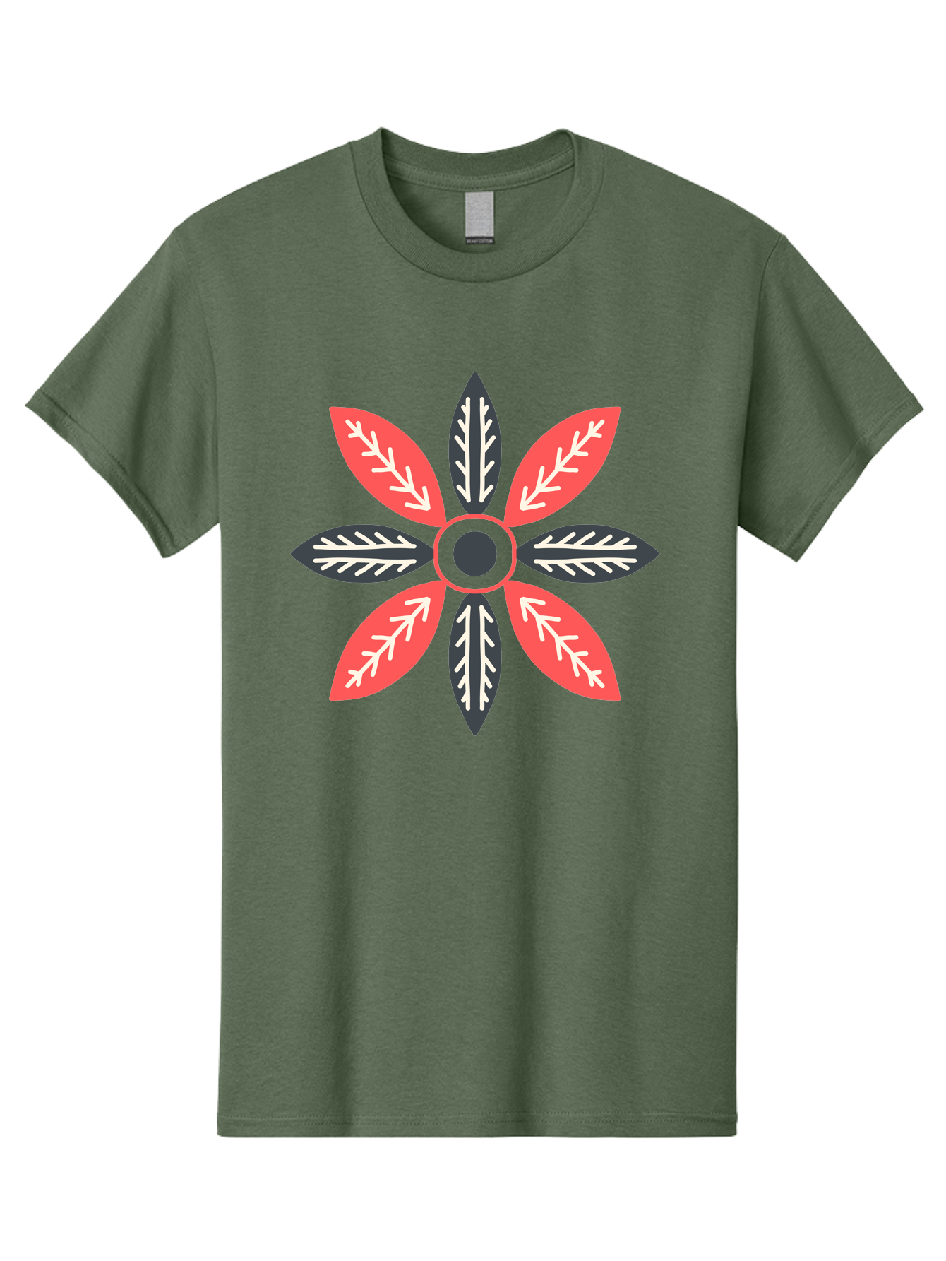 Floral-Emblem Men'S Graphic Tee, 100% Cotton, Comfortable Casual Summer Wear, Machine Washable, Symmetrical Floral Design, Red And Black Petals, White Leaf Details, Circular Pattern, Abstract Flower, Geometric Shapes, Graphic Illustration, Aab701 13