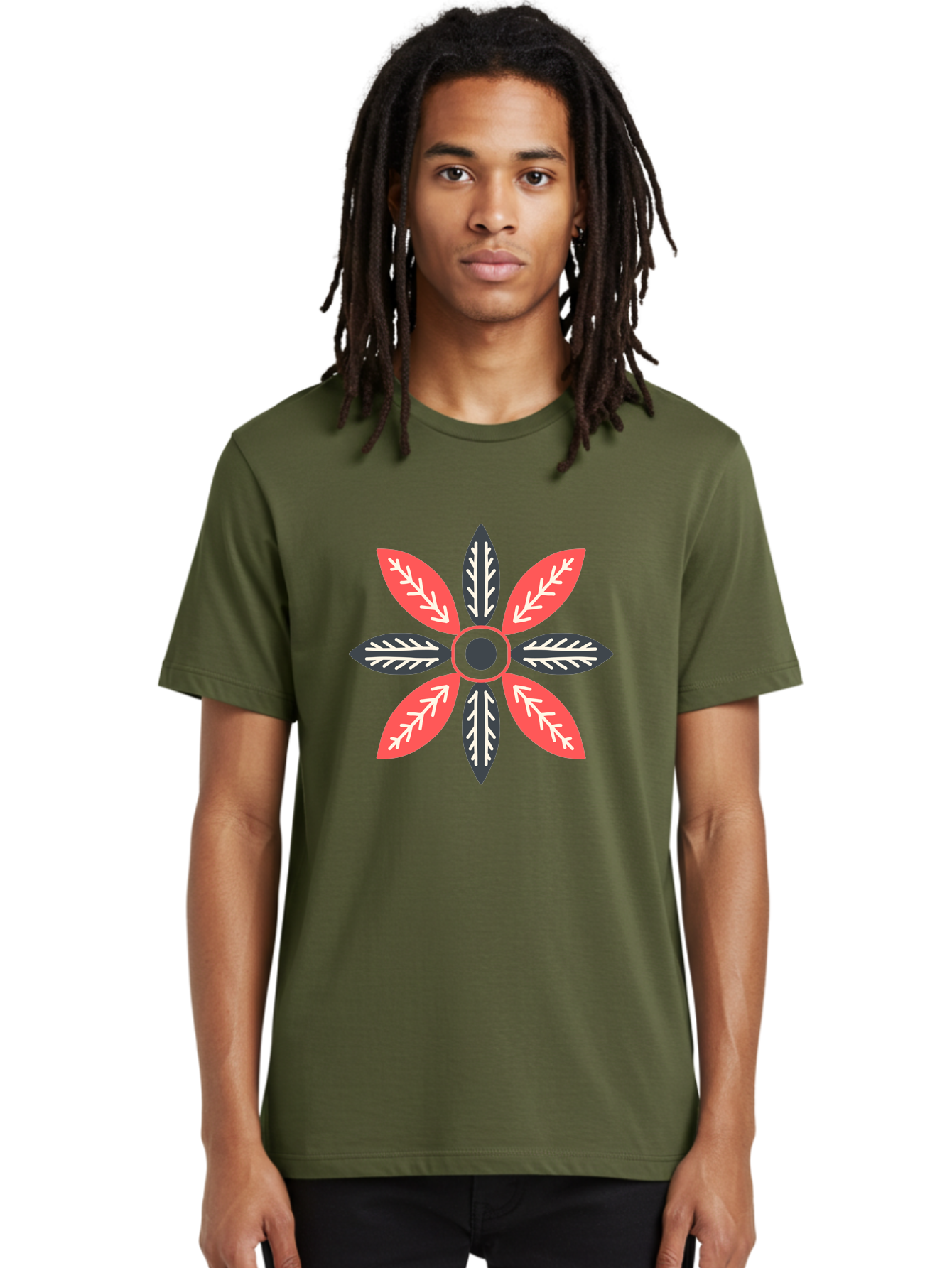 Floral-Emblem Men'S Graphic Tee, 100% Cotton, Comfortable Casual Summer Wear, Machine Washable, Symmetrical Floral Design, Red And Black Petals, White Leaf Details, Circular Pattern, Abstract Flower, Geometric Shapes, Graphic Illustration, Aab701 14