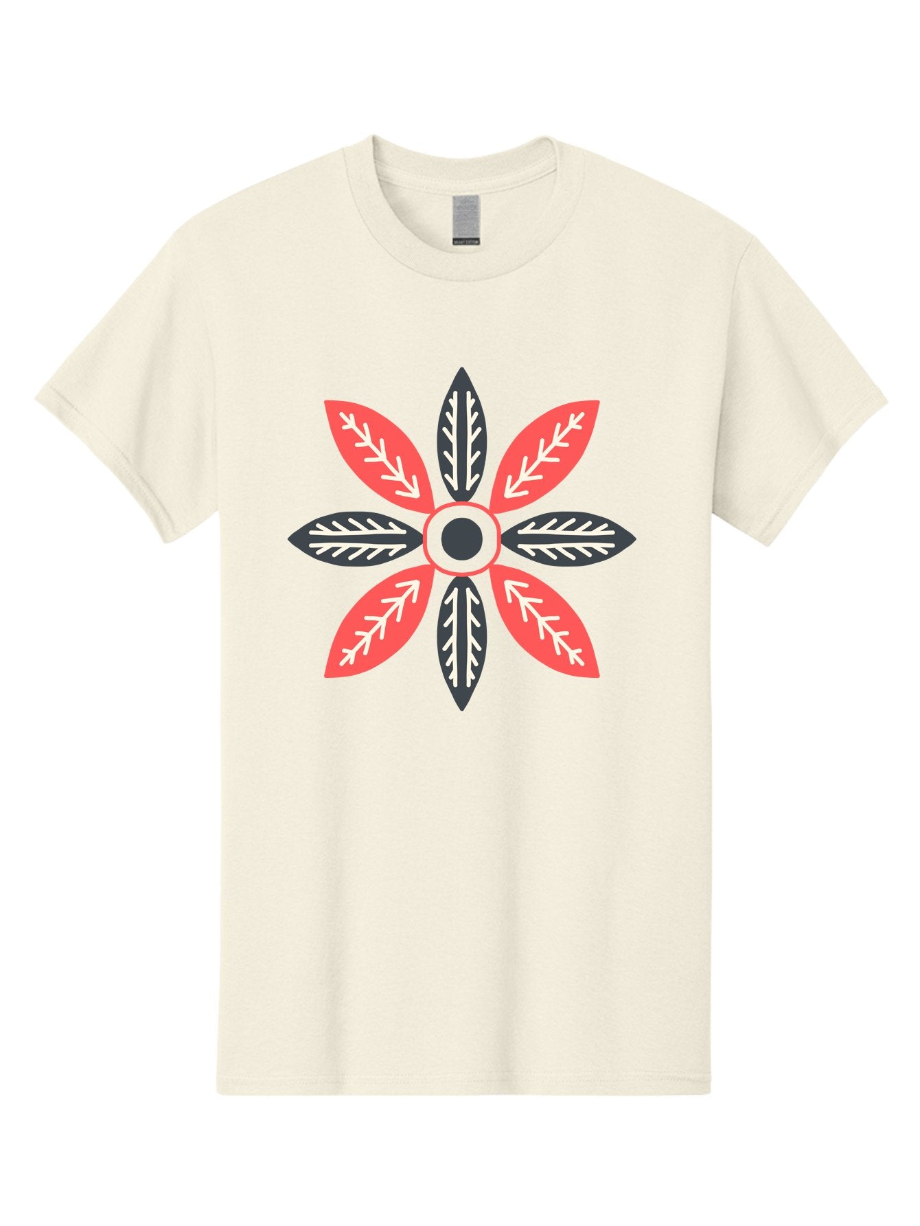 Floral-Emblem Men'S Graphic Tee, 100% Cotton, Comfortable Casual Summer Wear, Machine Washable, Symmetrical Floral Design, Red And Black Petals, White Leaf Details, Circular Pattern, Abstract Flower, Geometric Shapes, Graphic Illustration, Aab701 9
