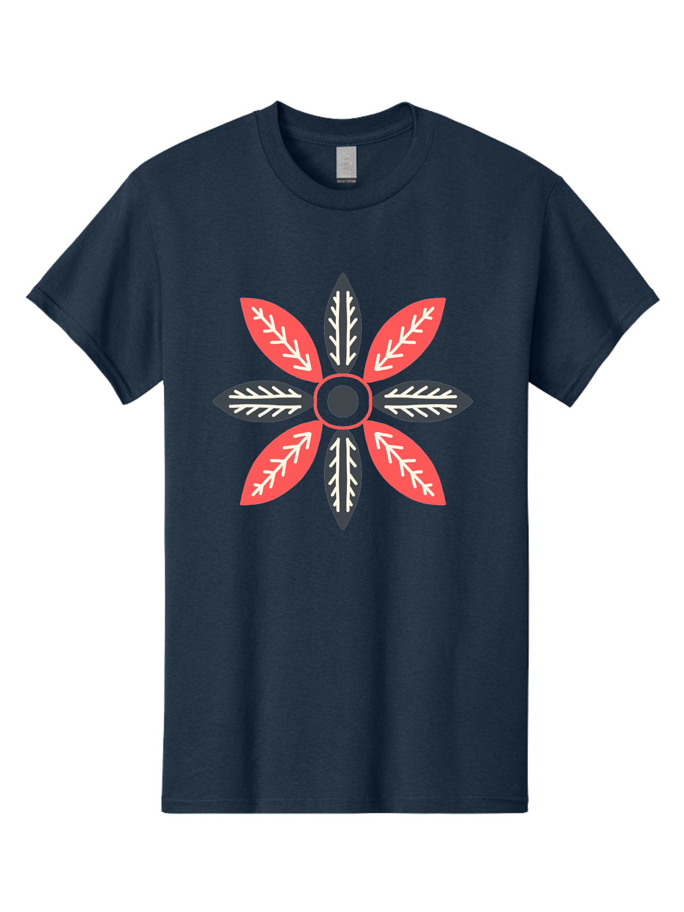 Floral-Emblem Men'S Graphic Tee, 100% Cotton, Comfortable Casual Summer Wear, Machine Washable, Symmetrical Floral Design, Red And Black Petals, White Leaf Details, Circular Pattern, Abstract Flower, Geometric Shapes, Graphic Illustration, Aab701 7