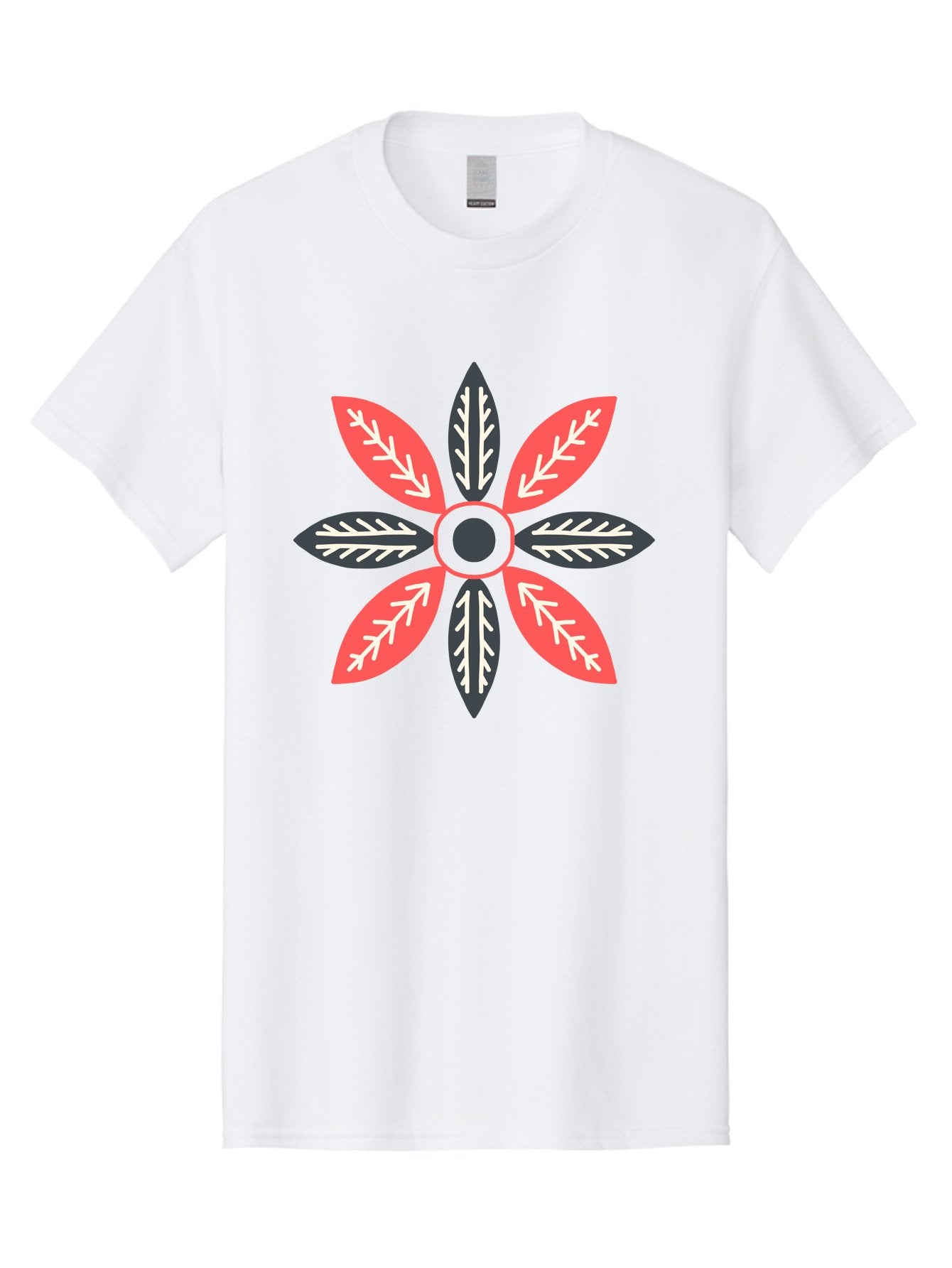 Floral-Emblem Men'S Graphic Tee, 100% Cotton, Comfortable Casual Summer Wear, Machine Washable, Symmetrical Floral Design, Red And Black Petals, White Leaf Details, Circular Pattern, Abstract Flower, Geometric Shapes, Graphic Illustration, Aab701 13