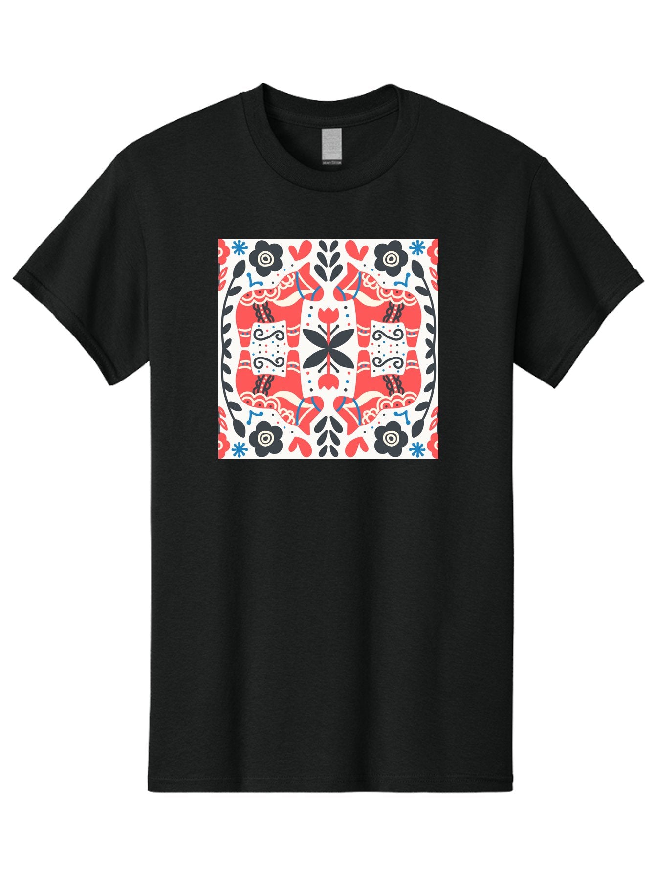 Floral-Pattern-1 Men'S Graphic Tee, 100% Cotton, Comfortable Casual Summer Wear, Machine Washable, Symmetrical Floral Design, Folk Art Style, Red And Black Flowers, Ornate Details, Blue Accents, Traditional Motifs, Decorative Elements, Aab702 3