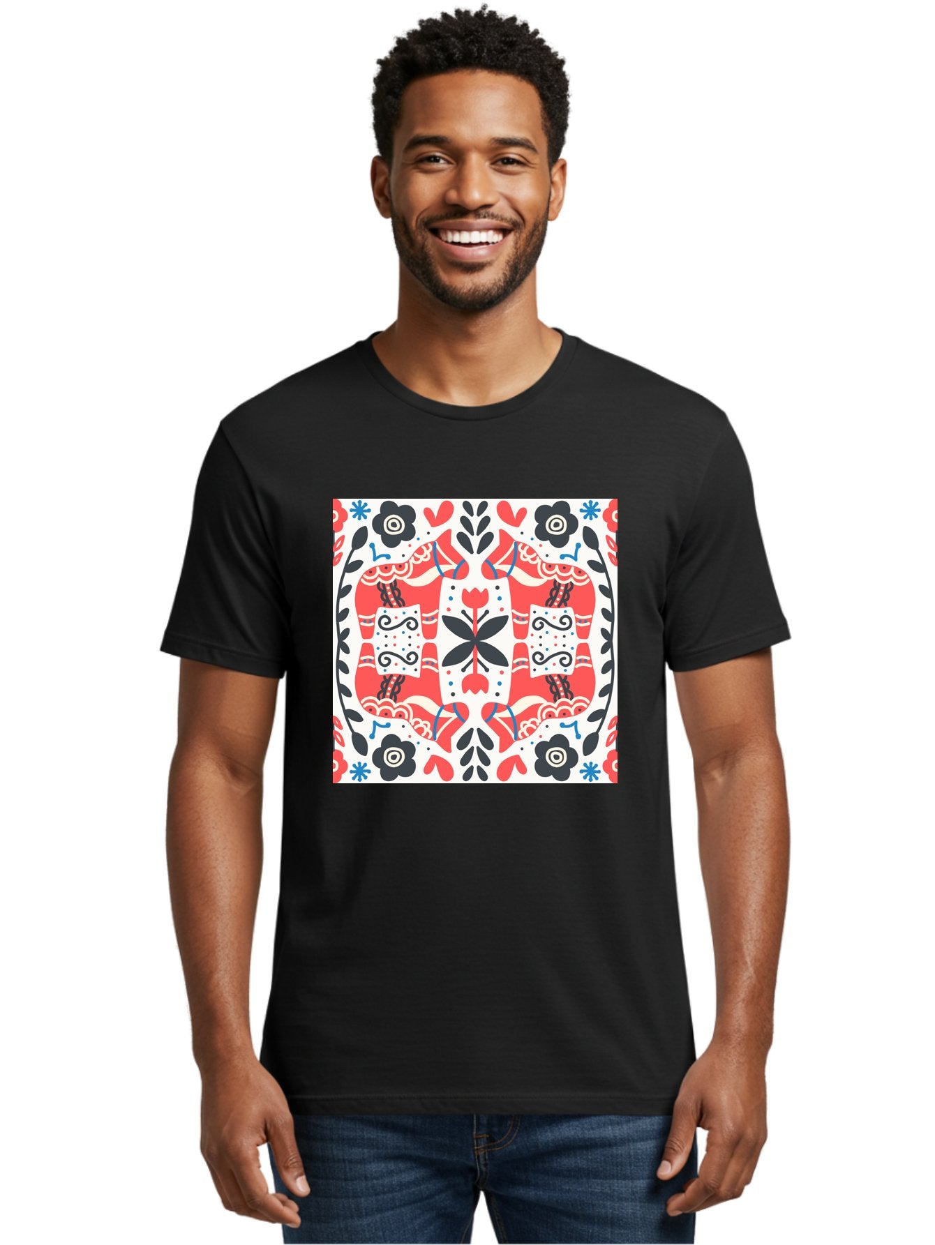 Floral-Pattern-1 Men'S Graphic Tee, 100% Cotton, Comfortable Casual Summer Wear, Machine Washable, Symmetrical Floral Design, Folk Art Style, Red And Black Flowers, Ornate Details, Blue Accents, Traditional Motifs, Decorative Elements, Aab702 22