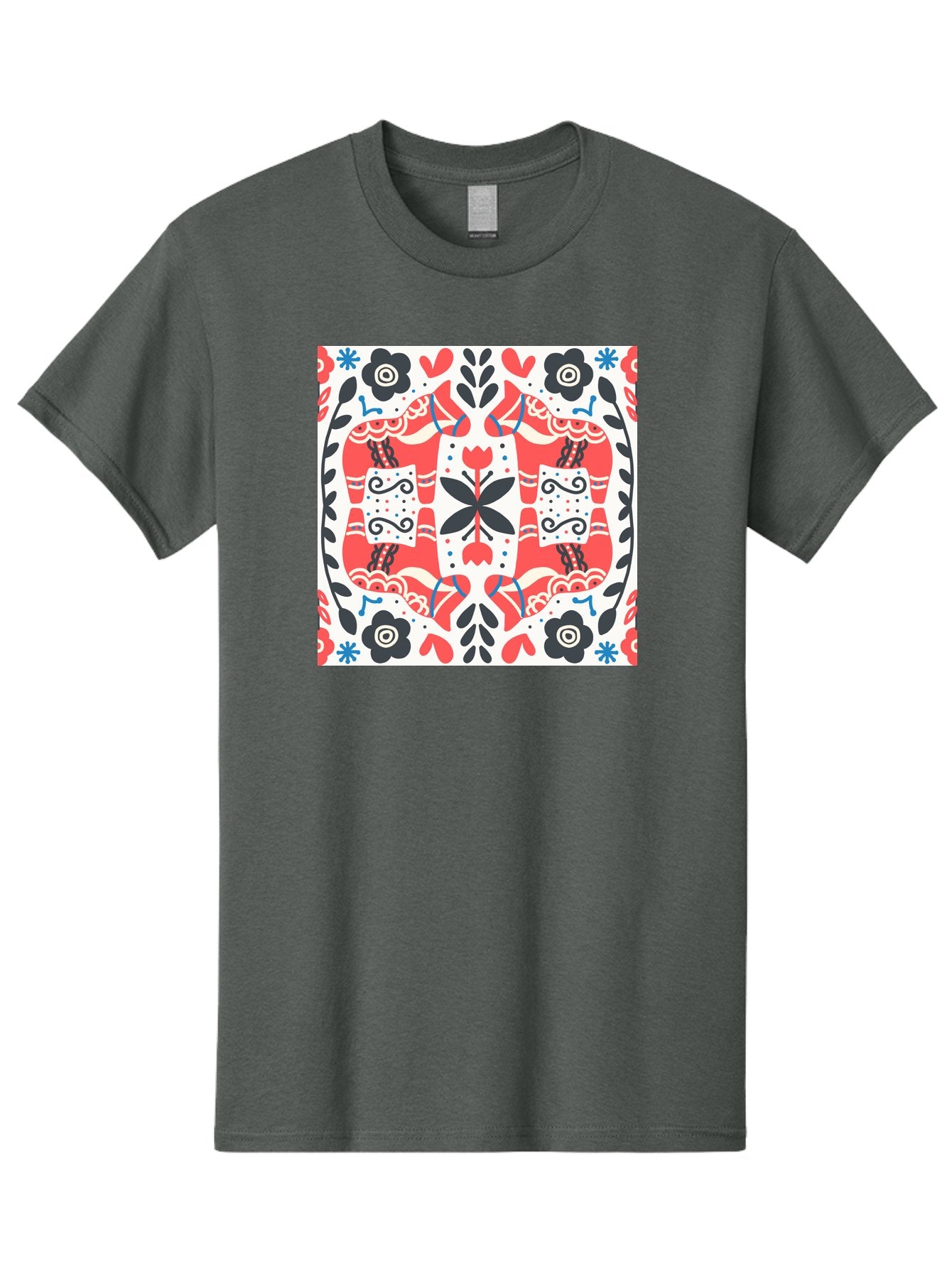 Floral-Pattern-1 Men'S Graphic Tee, 100% Cotton, Comfortable Casual Summer Wear, Machine Washable, Symmetrical Floral Design, Folk Art Style, Red And Black Flowers, Ornate Details, Blue Accents, Traditional Motifs, Decorative Elements, Aab702 15