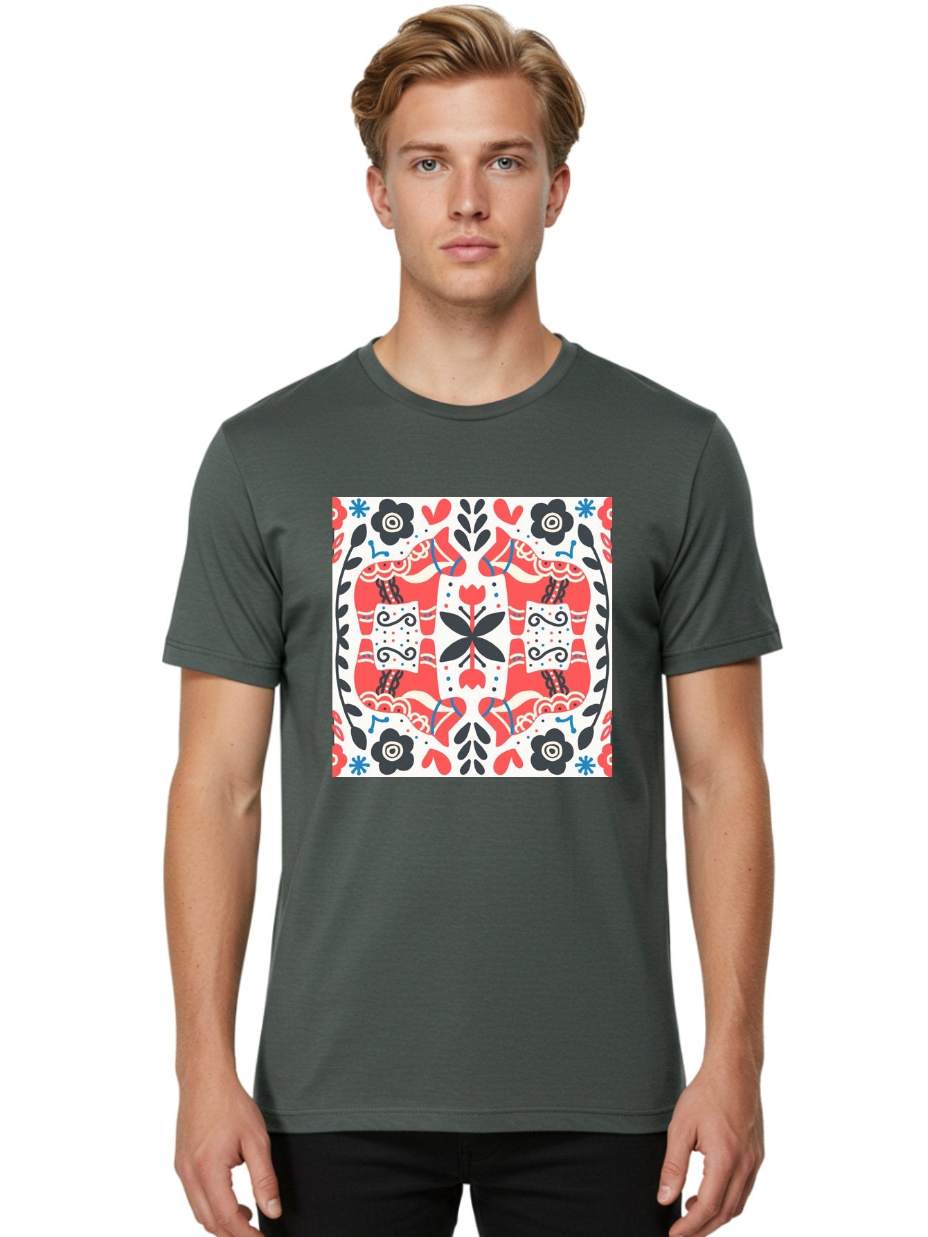 Floral-Pattern-1 Men'S Graphic Tee, 100% Cotton, Comfortable Casual Summer Wear, Machine Washable, Symmetrical Floral Design, Folk Art Style, Red And Black Flowers, Ornate Details, Blue Accents, Traditional Motifs, Decorative Elements, Aab702 30
