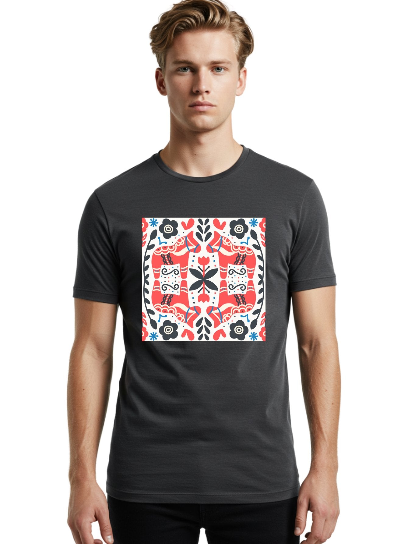 Floral-Pattern-1 Men'S Graphic Tee, 100% Cotton, Comfortable Casual Summer Wear, Machine Washable, Symmetrical Floral Design, Folk Art Style, Red And Black Flowers, Ornate Details, Blue Accents, Traditional Motifs, Decorative Elements, Aab702 27
