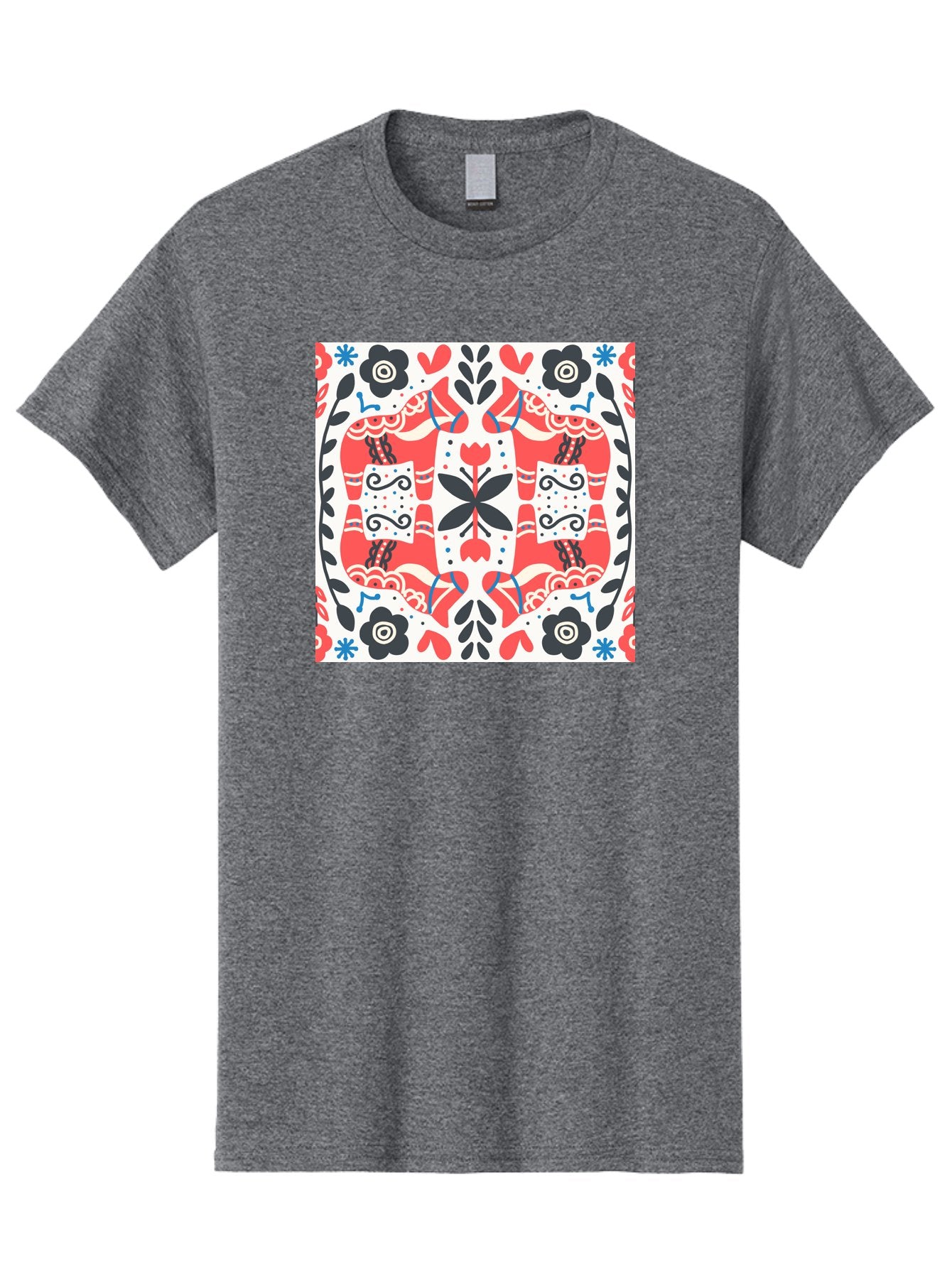 Floral-Pattern-1 Men'S Graphic Tee, 100% Cotton, Comfortable Casual Summer Wear, Machine Washable, Symmetrical Floral Design, Folk Art Style, Red And Black Flowers, Ornate Details, Blue Accents, Traditional Motifs, Decorative Elements, Aab702 7