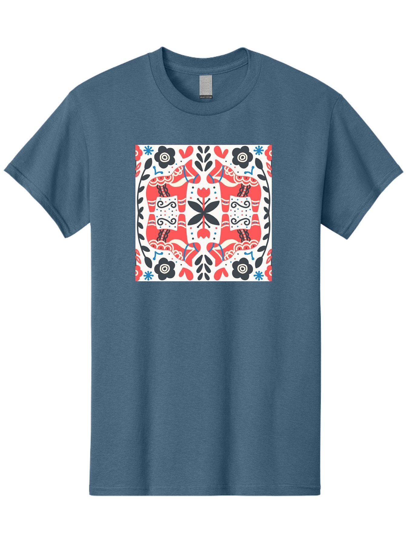 Floral-Pattern-1 Men'S Graphic Tee, 100% Cotton, Comfortable Casual Summer Wear, Machine Washable, Symmetrical Floral Design, Folk Art Style, Red And Black Flowers, Ornate Details, Blue Accents, Traditional Motifs, Decorative Elements, Aab702 8