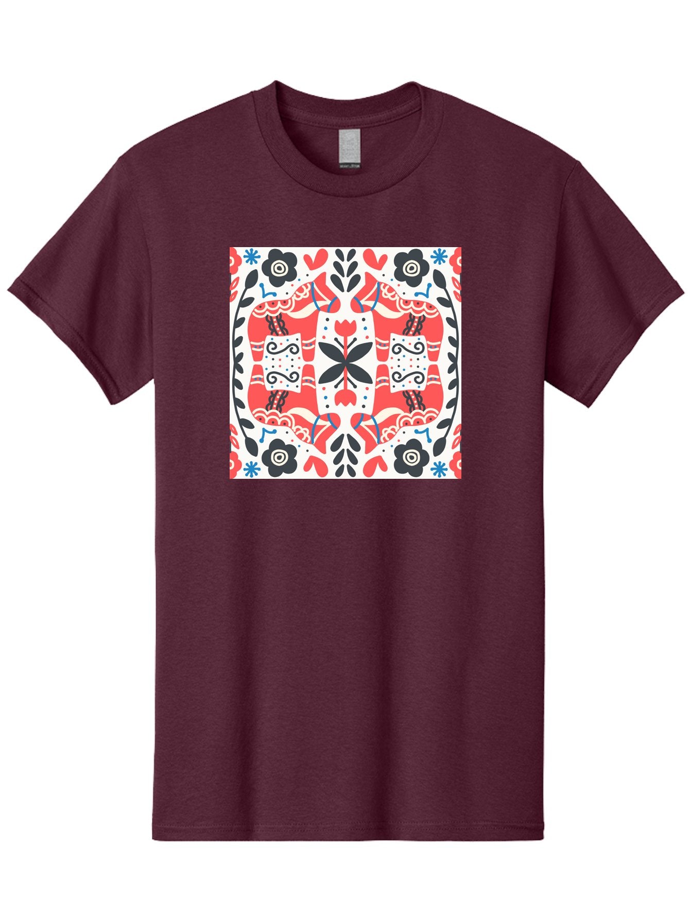Floral-Pattern-1 Men'S Graphic Tee, 100% Cotton, Comfortable Casual Summer Wear, Machine Washable, Symmetrical Floral Design, Folk Art Style, Red And Black Flowers, Ornate Details, Blue Accents, Traditional Motifs, Decorative Elements, Aab702 10