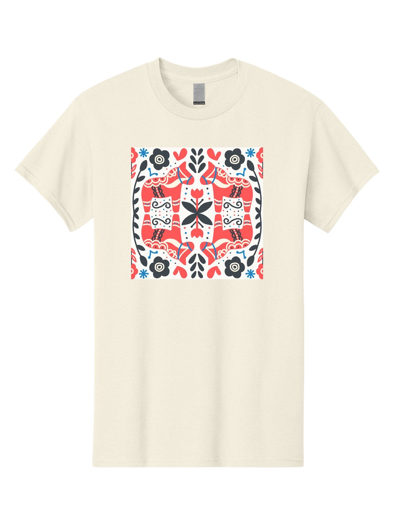 Floral-Pattern-1 Men'S Graphic Tee, 100% Cotton, Comfortable Casual Summer Wear, Machine Washable, Symmetrical Floral Design, Folk Art Style, Red And Black Flowers, Ornate Details, Blue Accents, Traditional Motifs, Decorative Elements, Aab702 4